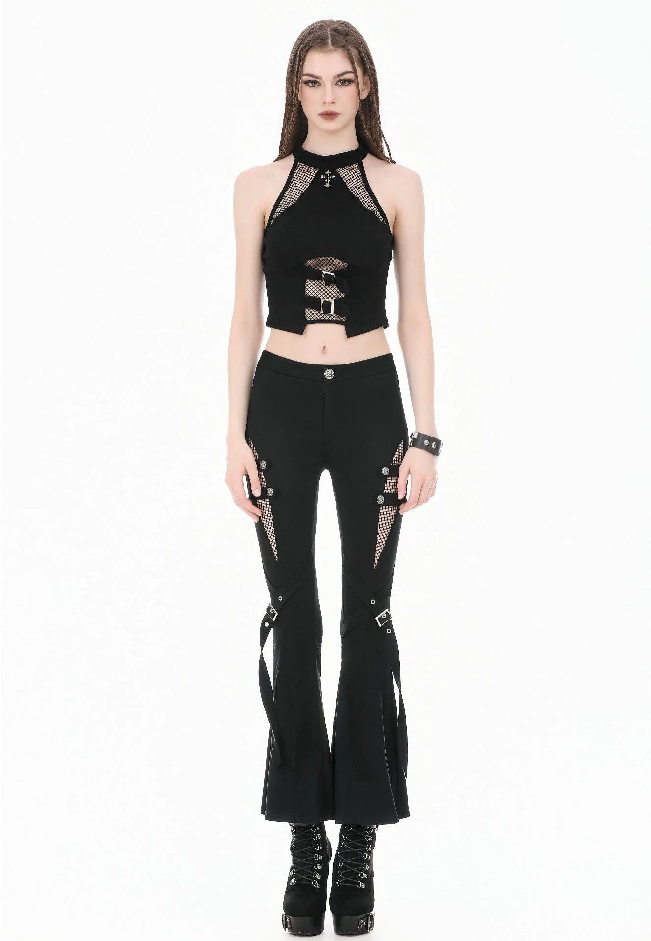Dark In Love Dark Rift Gothic Punk Mesh Patchwork Cutout Buckle Flare Pantalones