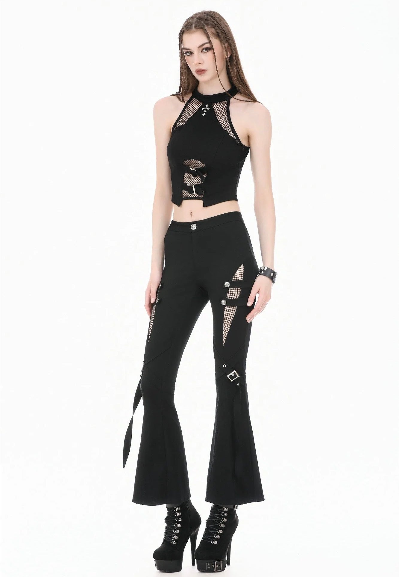 Dark In Love Dark Rift Gothic Punk Mesh Patchwork Cutout Buckle Flare Pantalones