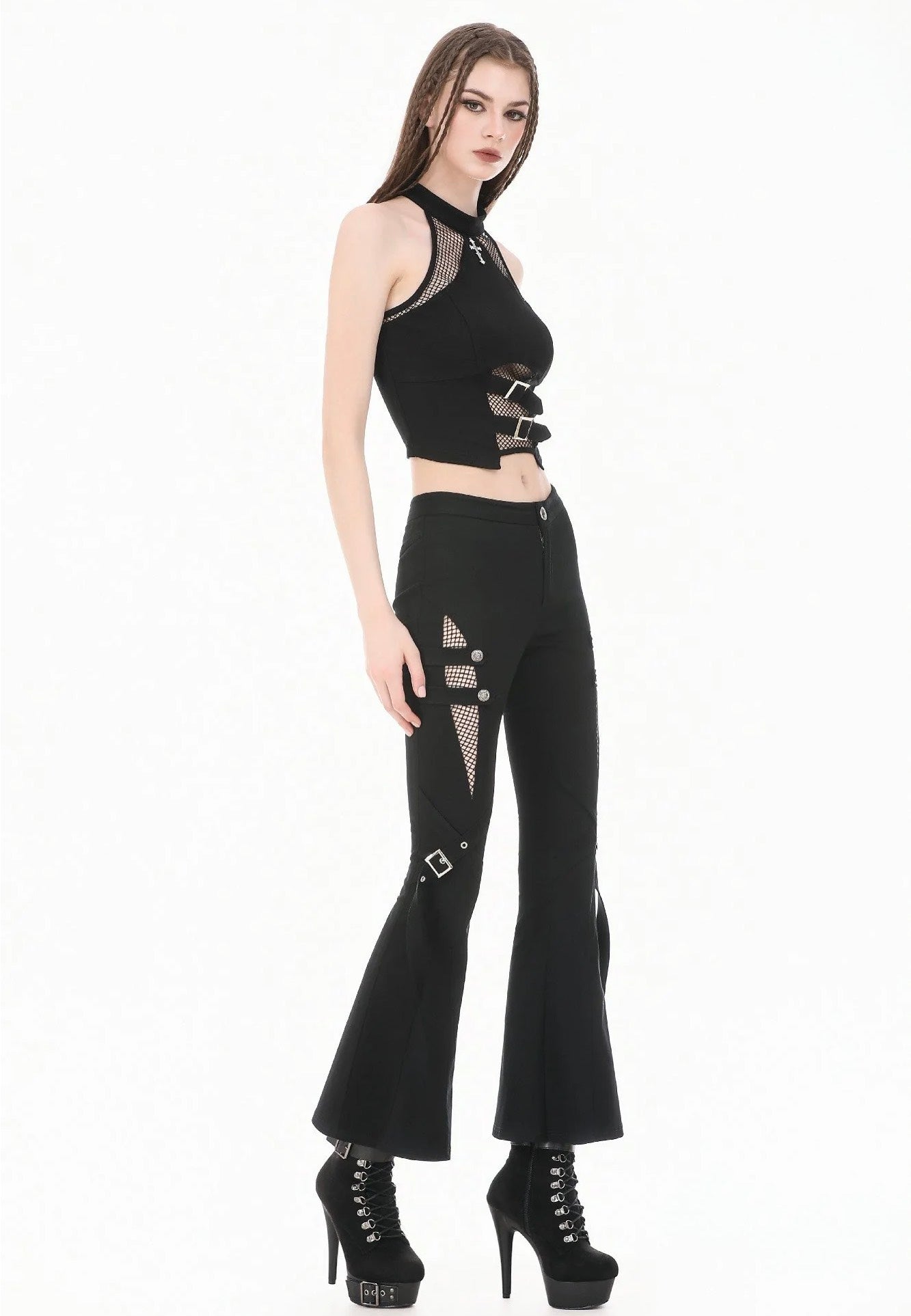 Dark In Love Dark Rift Gothic Punk Mesh Patchwork Cutout Buckle Flare Pantalones