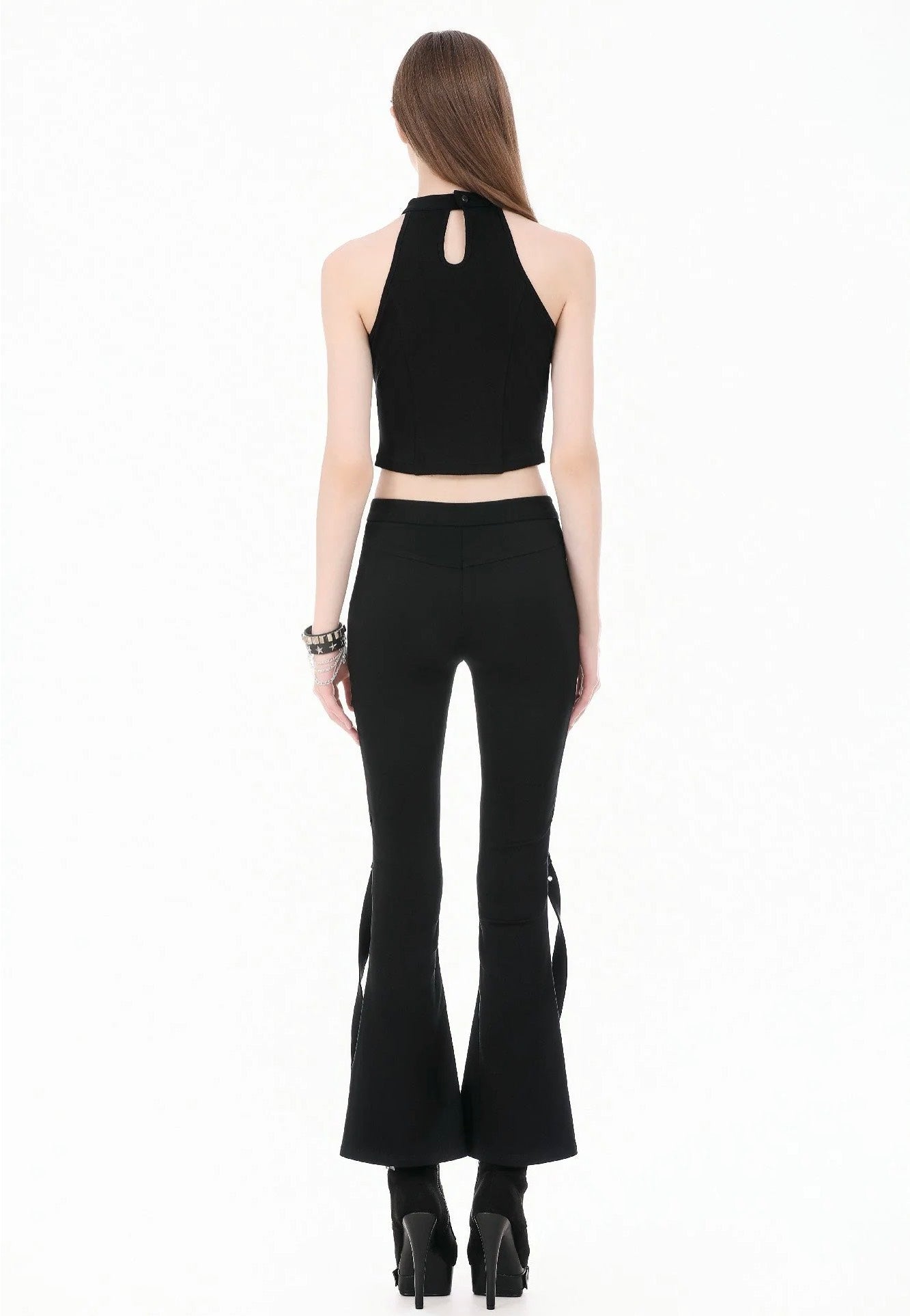 Dark In Love Dark Rift Gothic Punk Mesh Patchwork Cutout Buckle Flare Pantalones