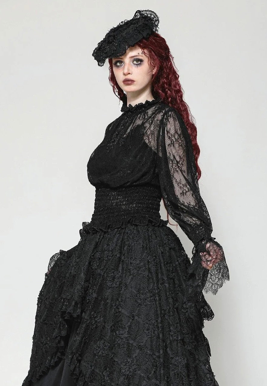 Dark In Love - Black Hollow Lace Elastic Pleated Waist Eyelash Lace Cuff - Top | Women-Image