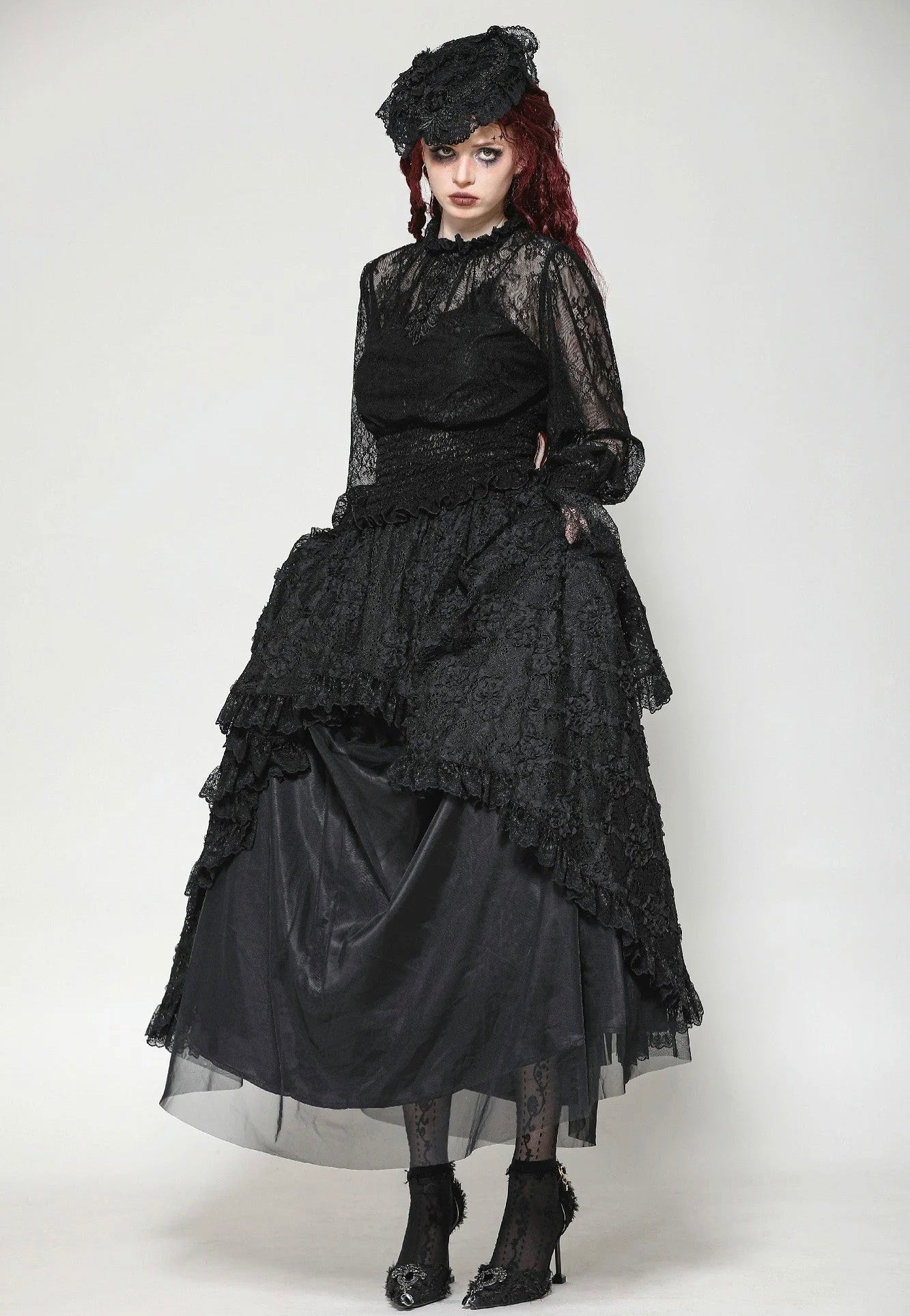 Dark In Love - Black Hollow Lace Elastic Pleated Waist Eyelash Lace Cuff - Top | Women-Image