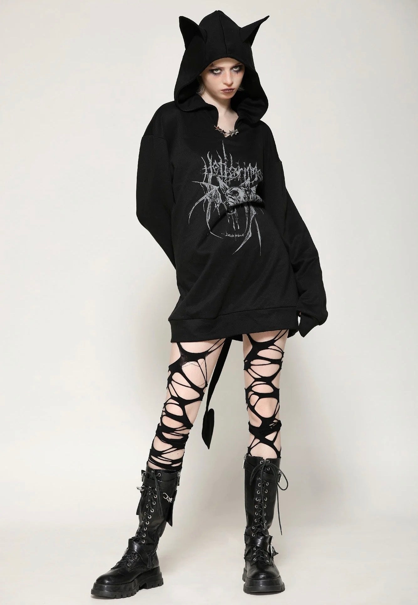 Dark In Love - Black Printed Loose Bat Ear Tail - Hoodie | Women-Image