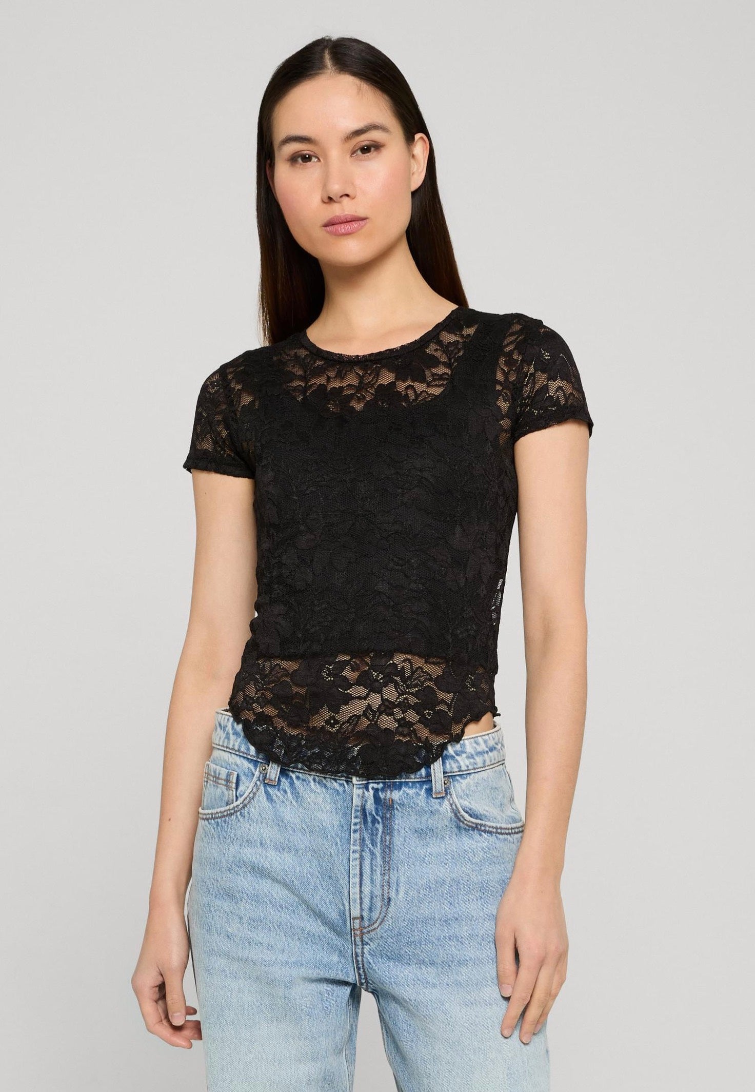 Urban Classics Ladies Stretch Lace Cropped Black Camiseta