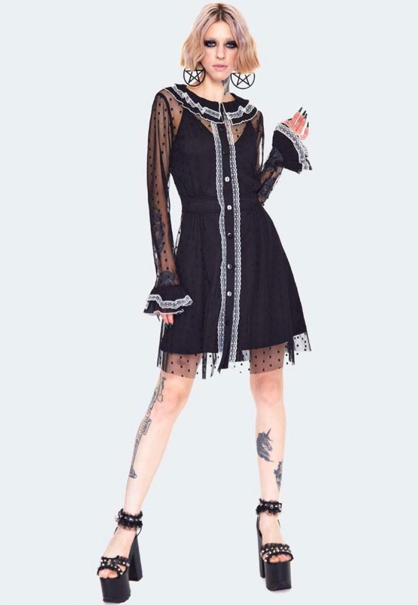 Jawbreaker - Frilled Collar Mesh Witch Black - Dress