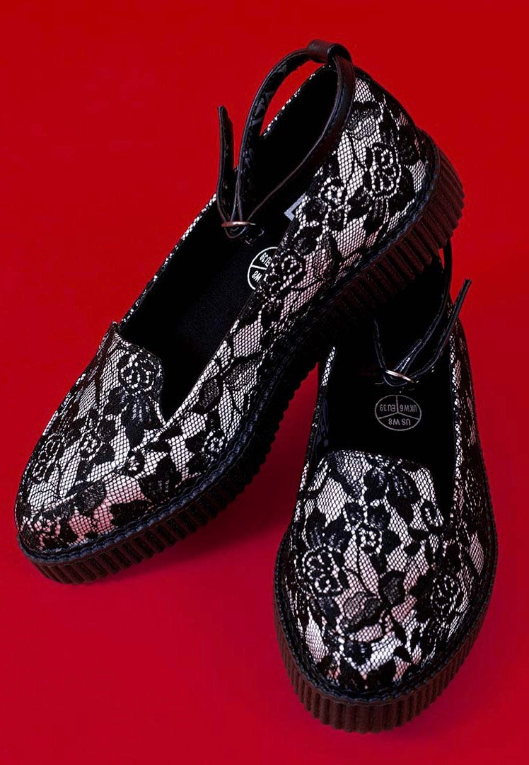 T.U.K. - Ballet Creeper Ankle Strap Black/White Lace - Girl Shoes | Women-Image
