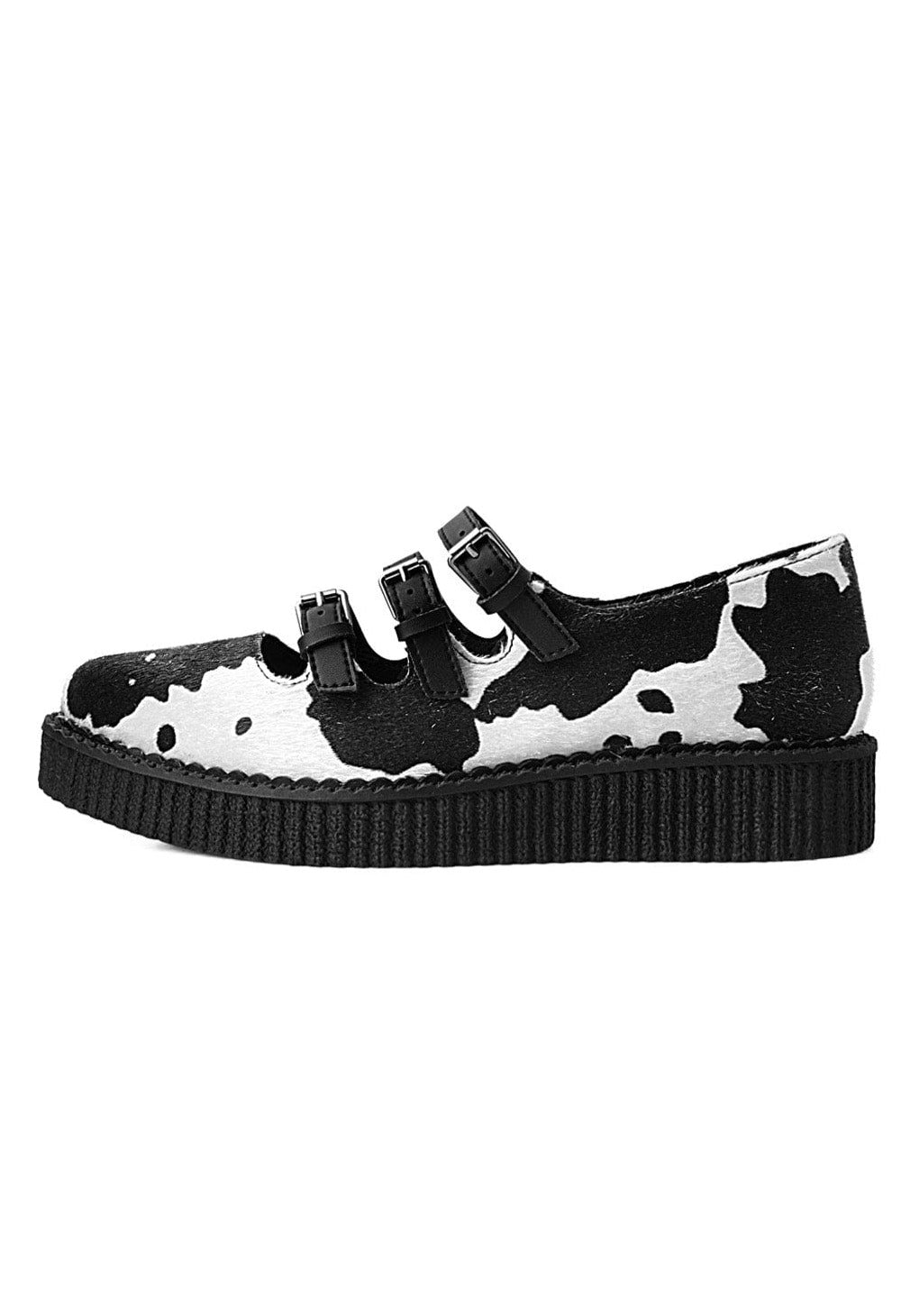 T.U.K. - Pointed Sandal 3 Buckle Black/White Cow Print Hair - Girl Shoes | Women-Image