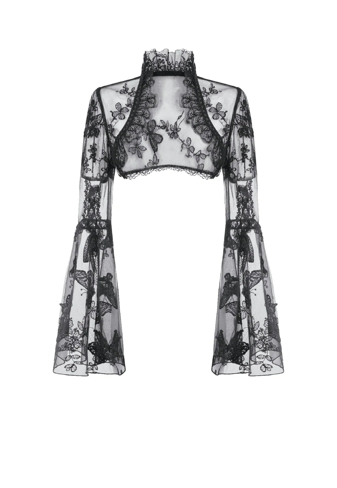 Dark In Love Gothic Ruffled Butterfly Embroidery Sheer Lace Bolero