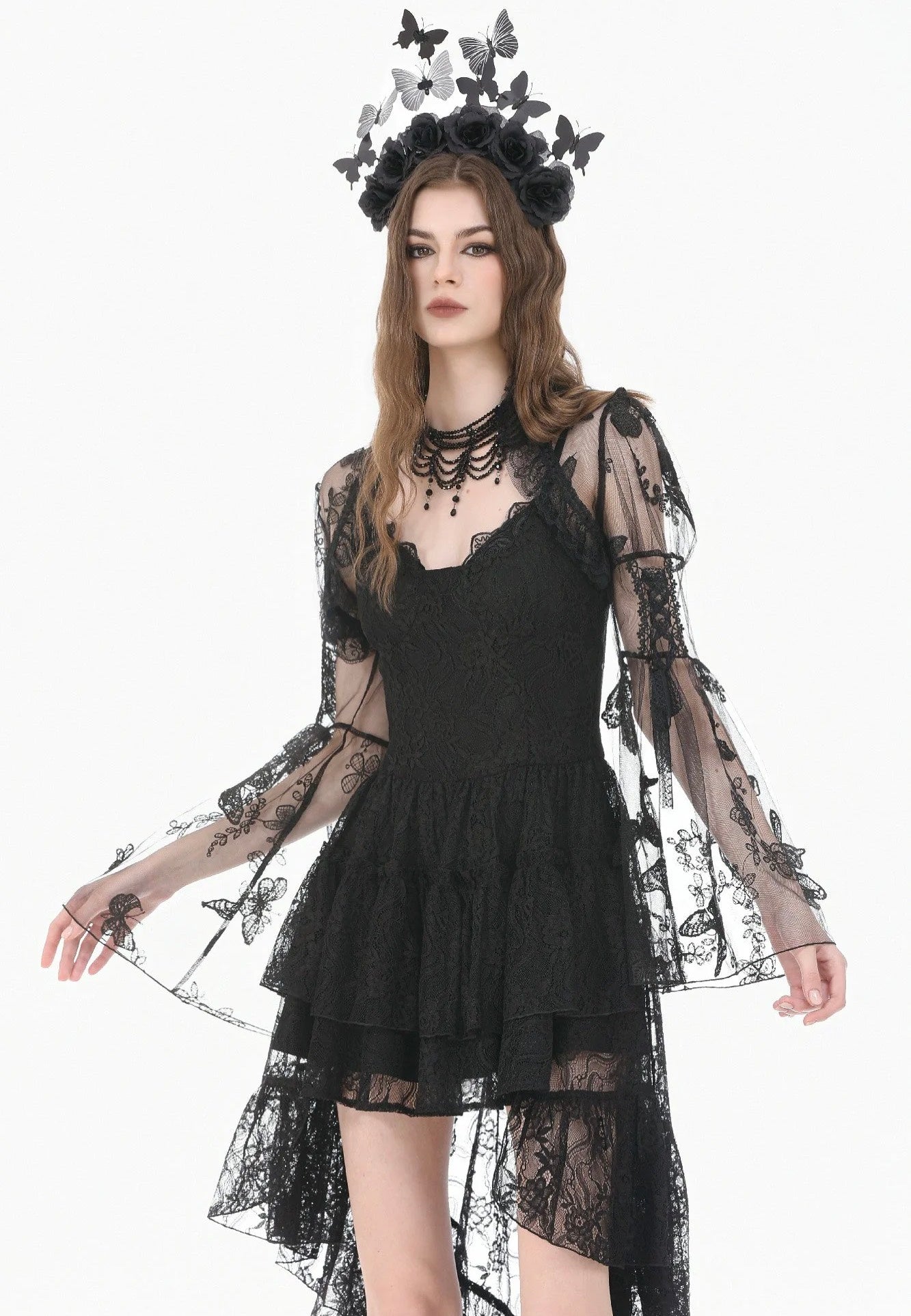 Dark In Love Gothic Ruffled Butterfly Embroidery Sheer Lace Bolero