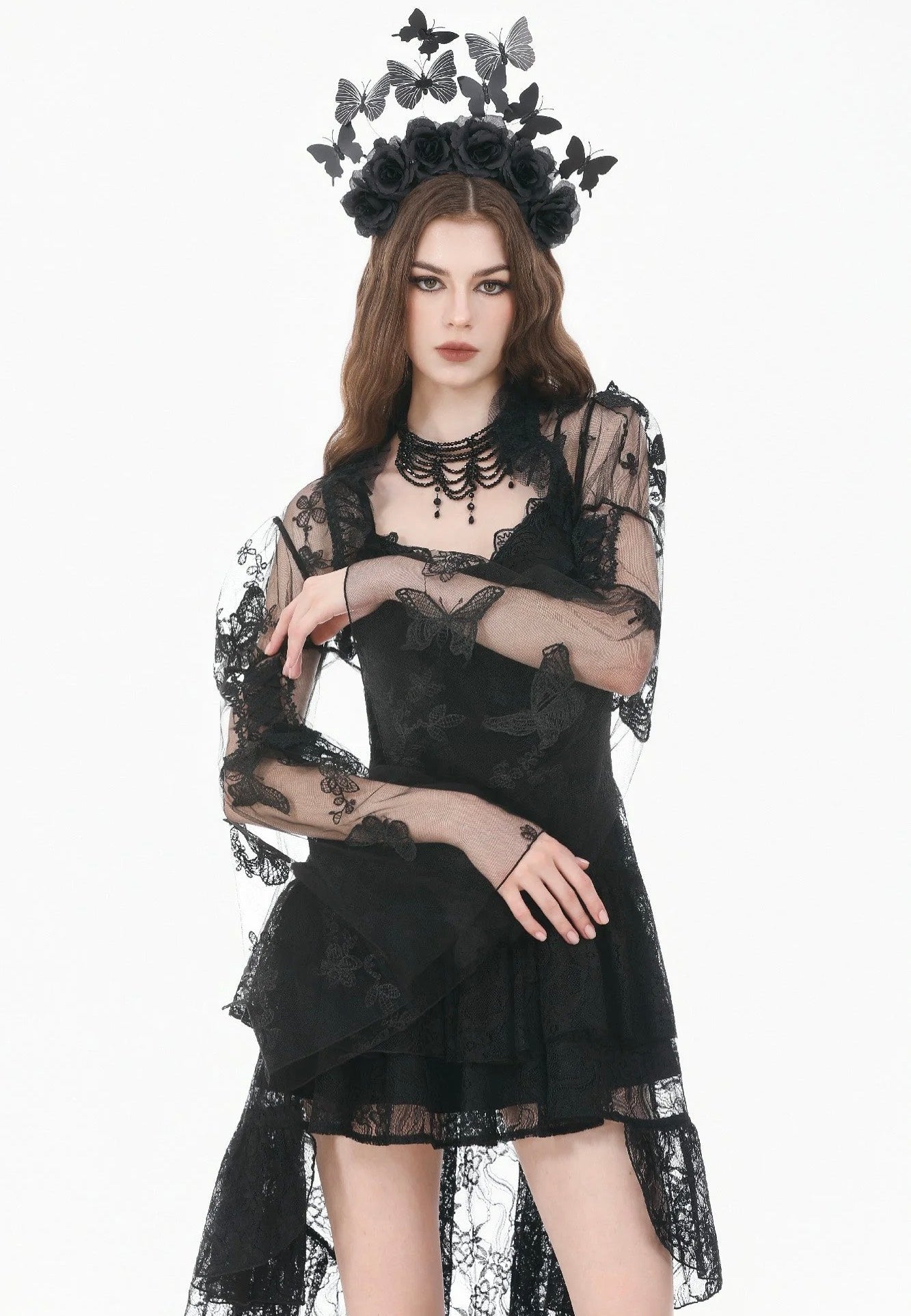 Dark In Love Gothic Ruffled Butterfly Embroidery Sheer Lace Bolero