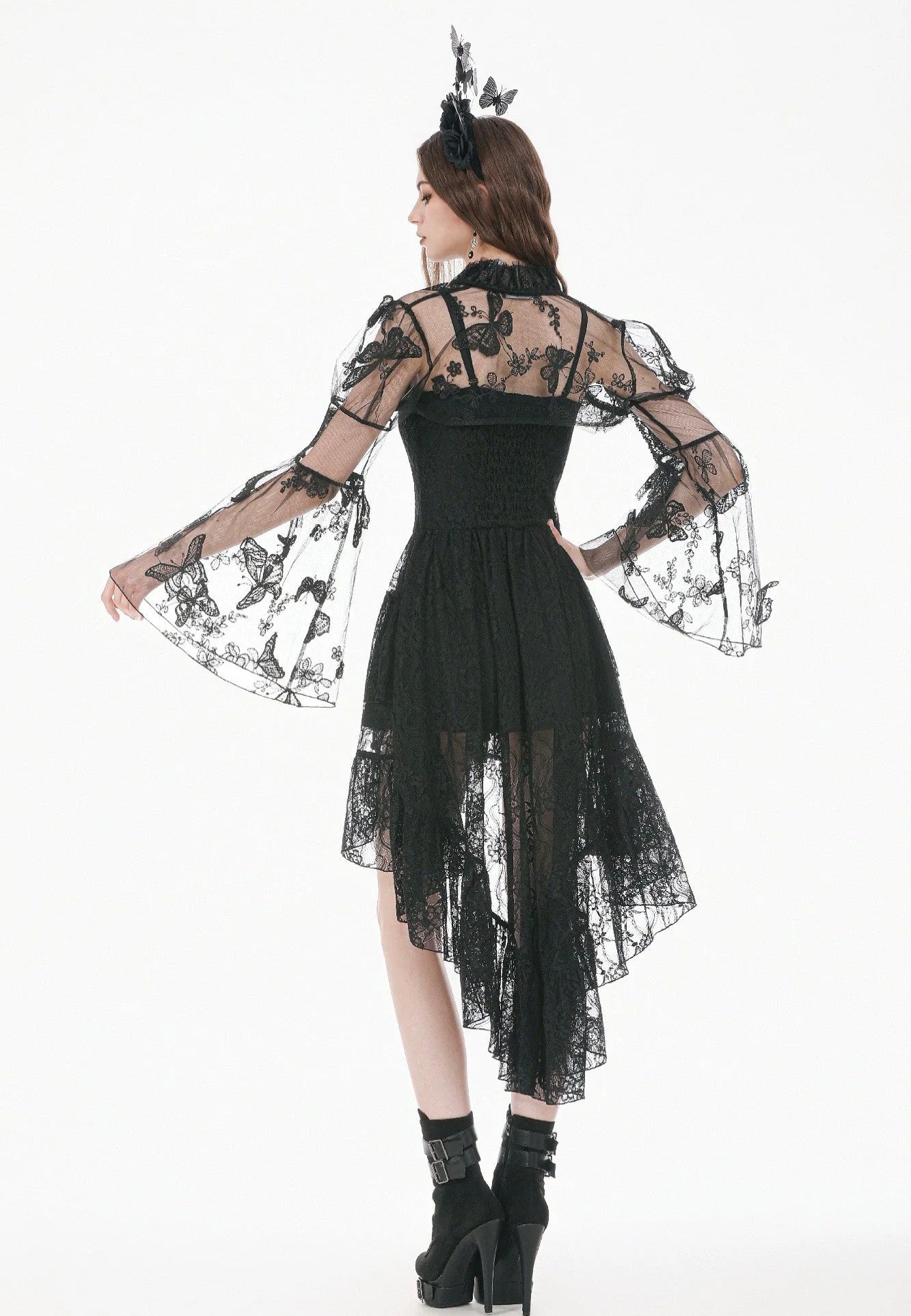 Dark In Love Gothic Ruffled Butterfly Embroidery Sheer Lace Bolero
