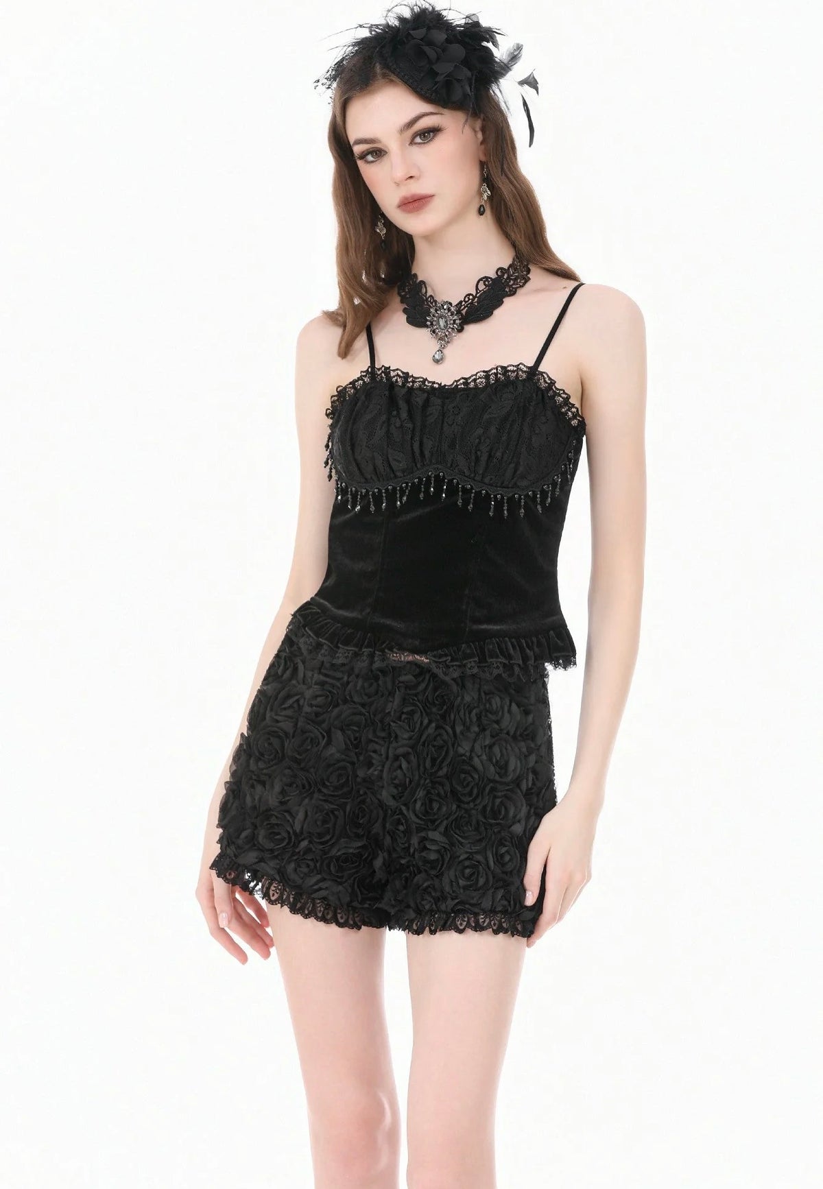 Dark In Love Dark Rose Gothic 3D Floral Jacquard Lace Trimmed Shorts