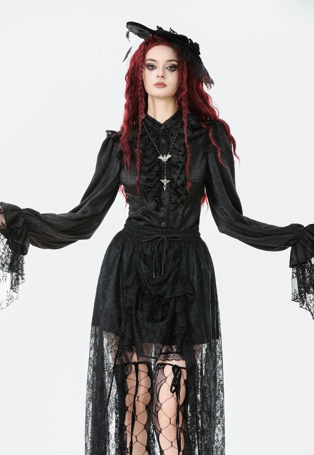 Dark In Love - Gothic Court Mesh Lace High-Low - Skirt | Women-Image
