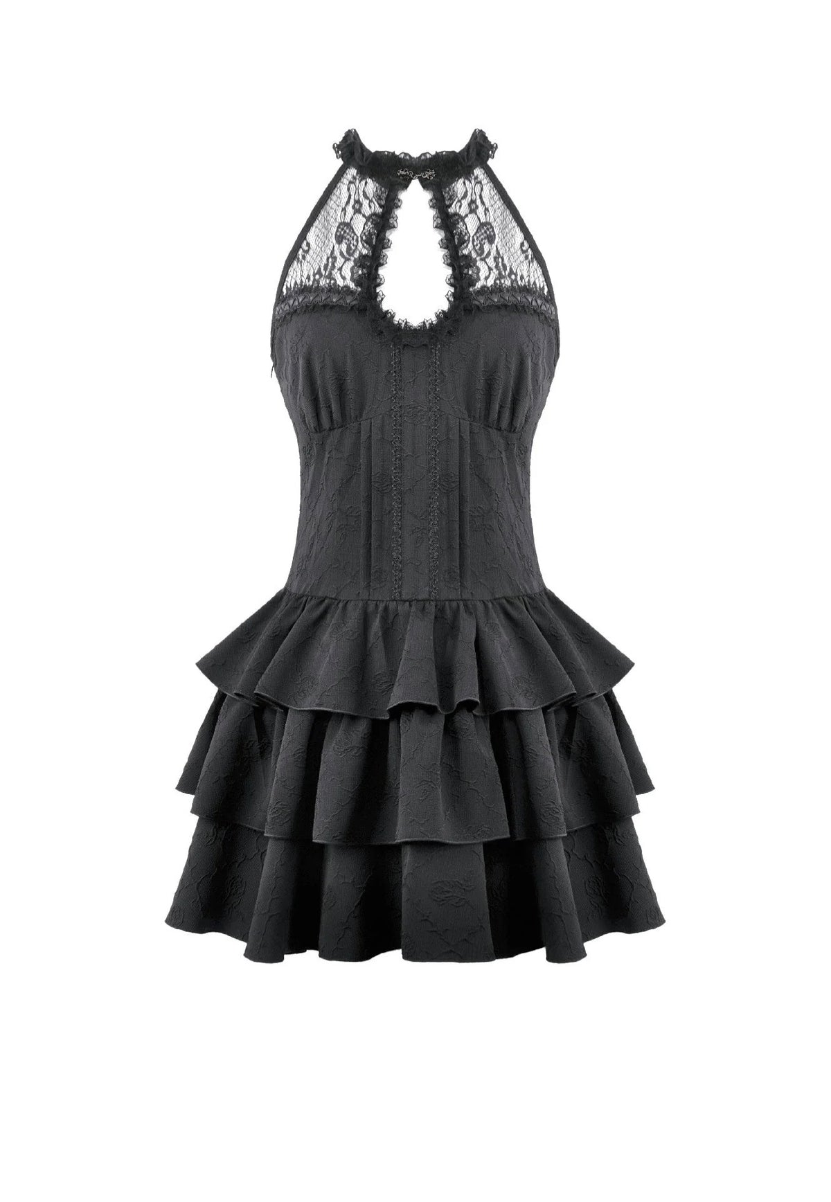 Dark In Love Gothic Halter Lace Patchwork Rose Jacquard Tiered Ruffle Kleid