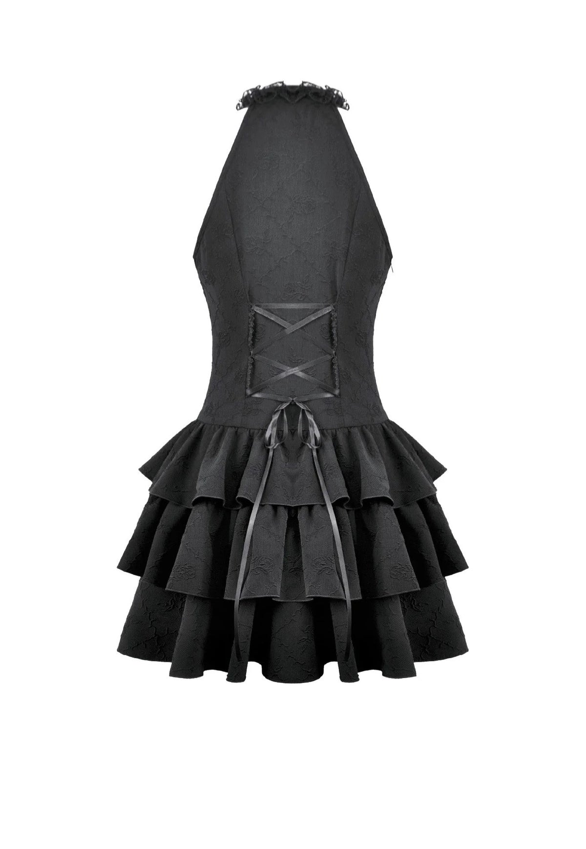 Dark In Love Gothic Halter Lace Patchwork Rose Jacquard Tiered Ruffle Kleid