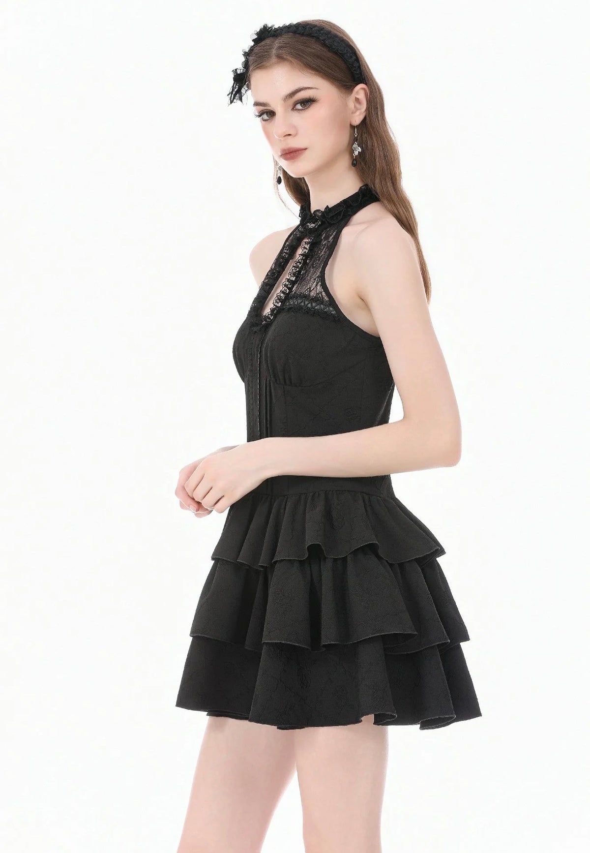 Dark In Love Gothic Halter Lace Patchwork Rose Jacquard Tiered Ruffle Kleid
