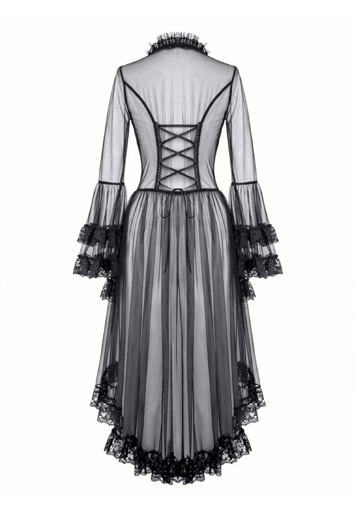 Dark In Love Gothic Retro Sheer Lace Patchwork Deep-V Flare Sleeve Duster Kleid
