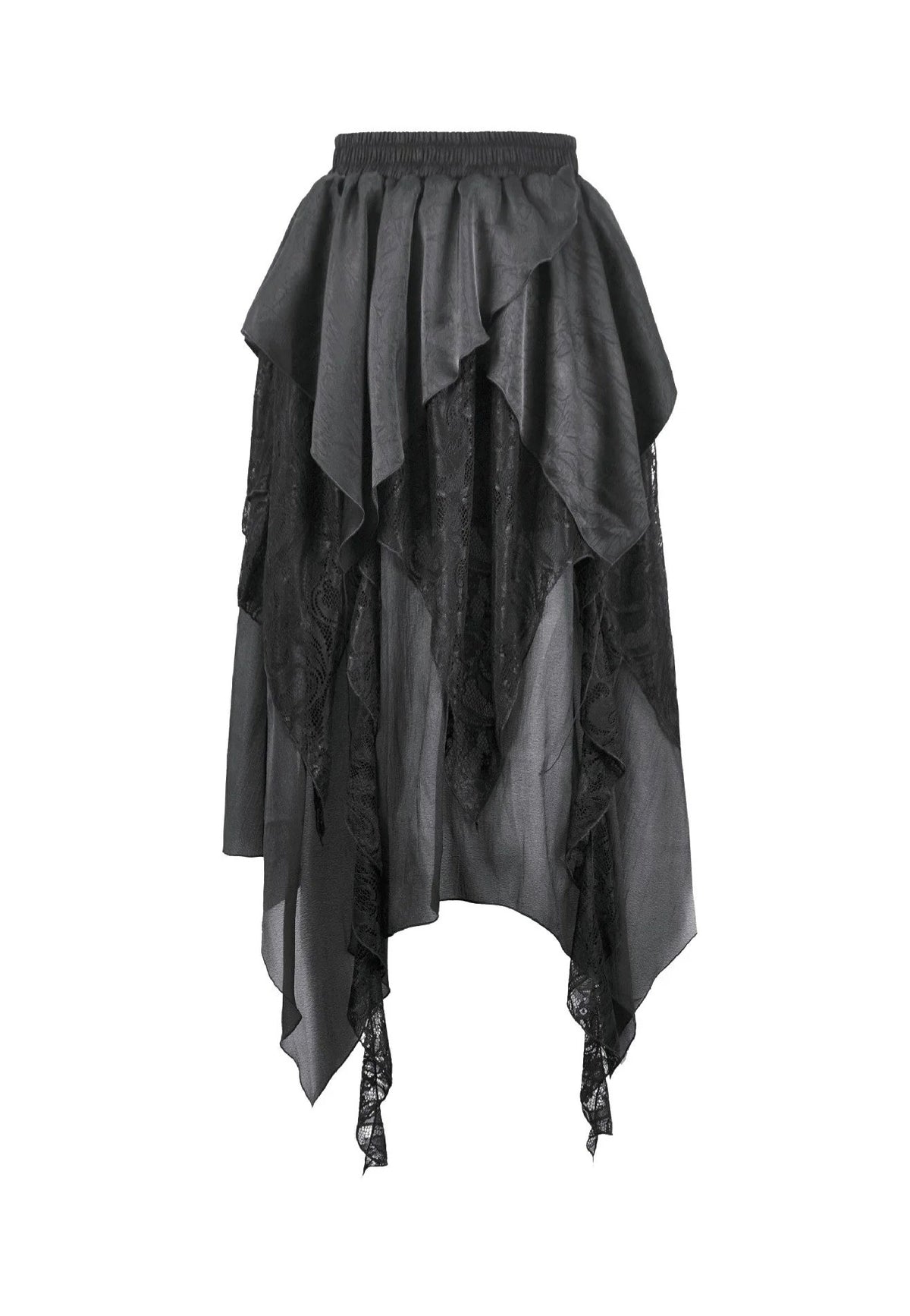 Dark In Love Gothic Ruffled High-Low Jacquard Texture Irregular Tiered Lace Mesh Rock