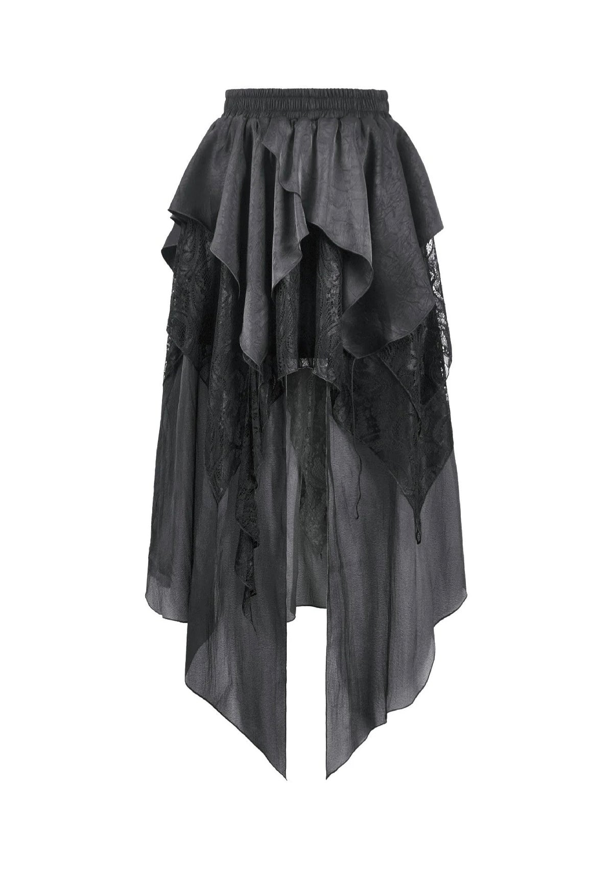 Dark In Love Gothic Ruffled High-Low Jacquard Texture Irregular Tiered Lace Mesh Rock