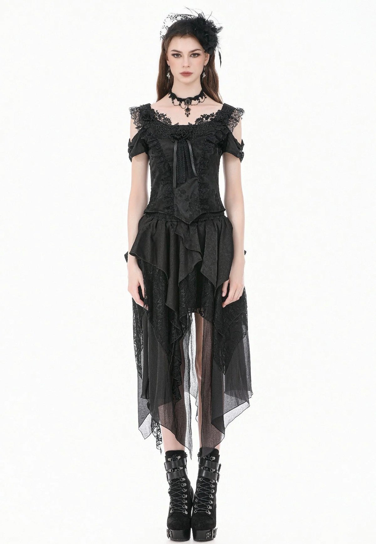 Dark In Love Gothic Ruffled High-Low Jacquard Texture Irregular Tiered Lace Mesh Rock