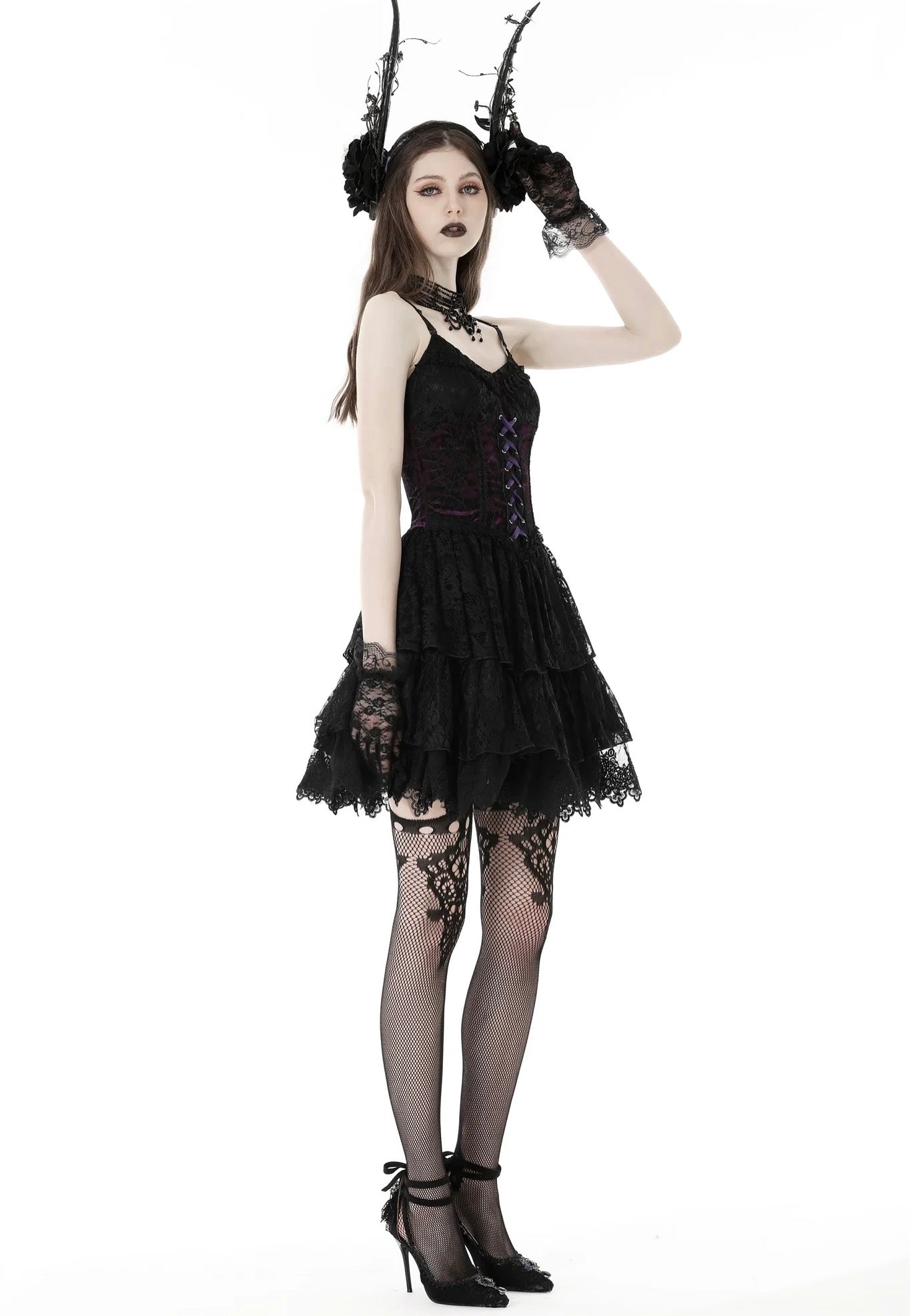 Dark In Love - Gothic Sexy Black Purple Lace Mini Black - Dress