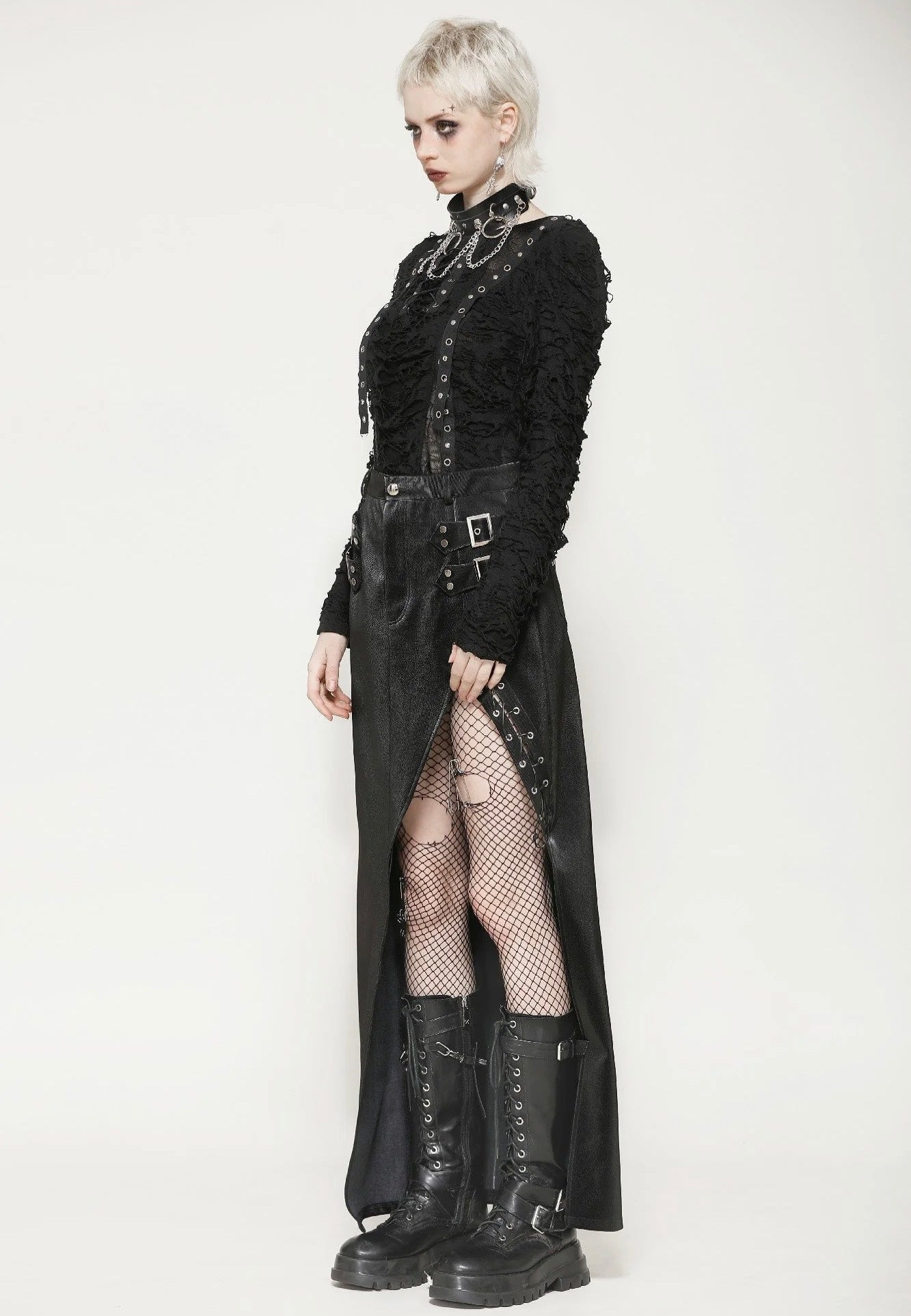 Dark In Love - Punk Black Leather Bodycon Split - Skirt | Women-Image