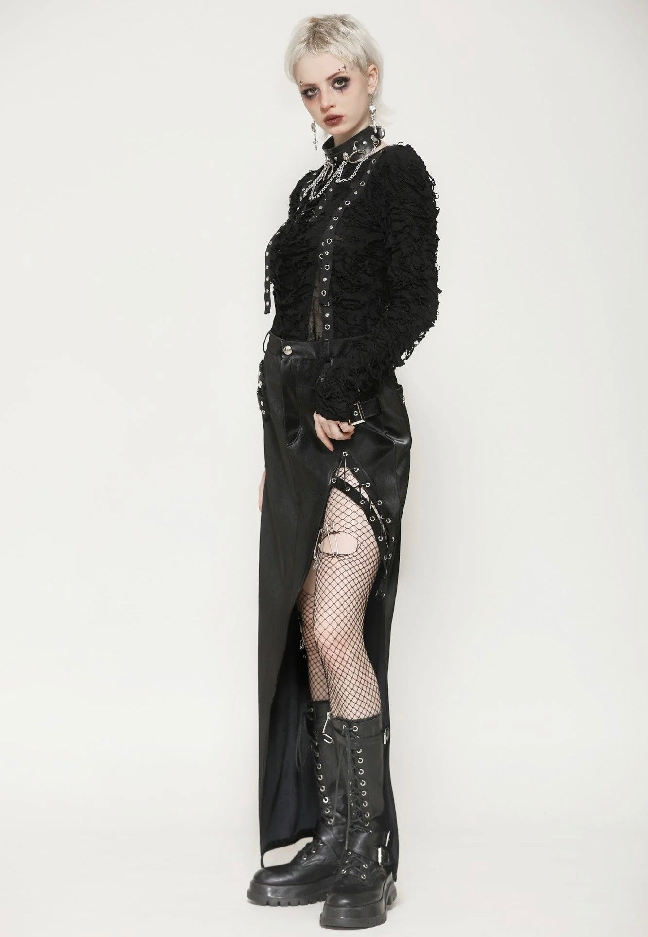 Dark In Love - Punk Black Leather Bodycon Split - Skirt | Women-Image