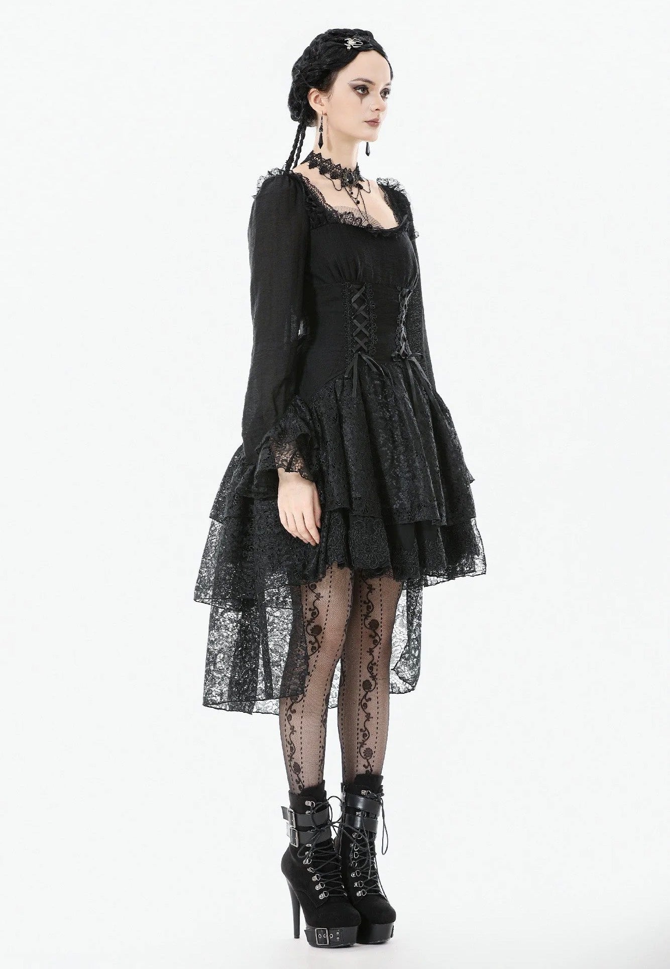 Dark In Love - Romantic Gothic Lace High-Low Tiered - Dress