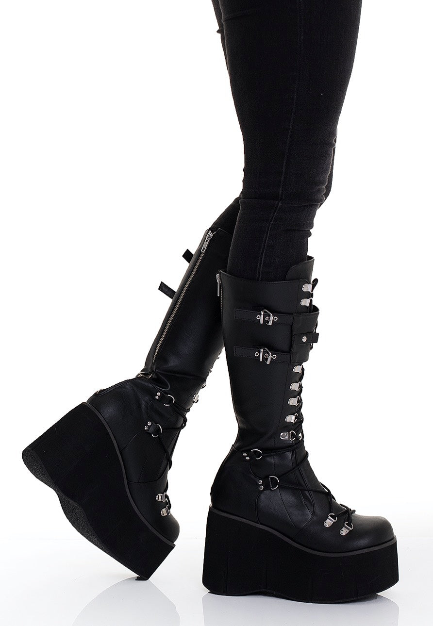 DemoniaCult - Kera 200 Lace Up Knee High Black Vegan Leather - Girl Shoes