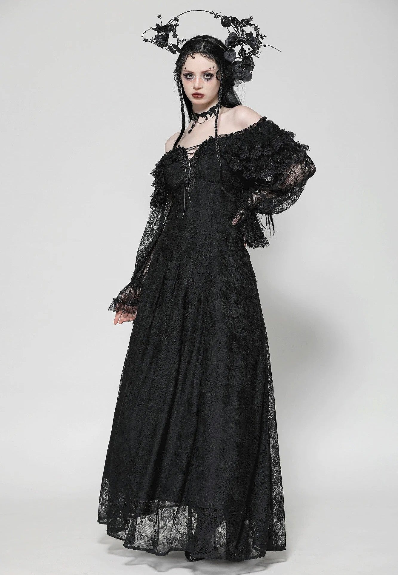 Dark In Love - Gothic Off-Shoulder Layered Ruffle Elegant - Dress | Women-Image