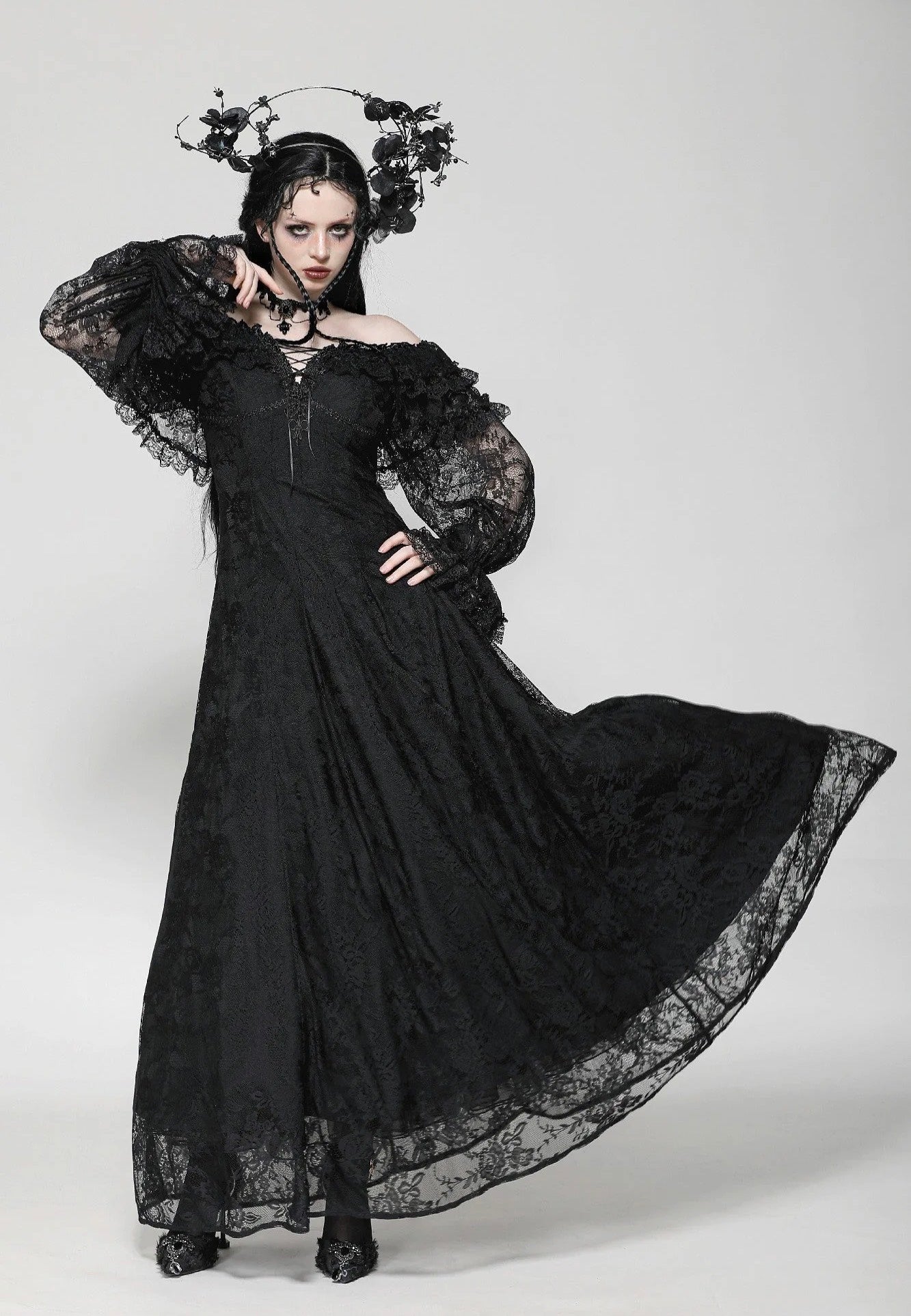 Dark In Love - Gothic Off-Shoulder Layered Ruffle Elegant - Dress | Women-Image