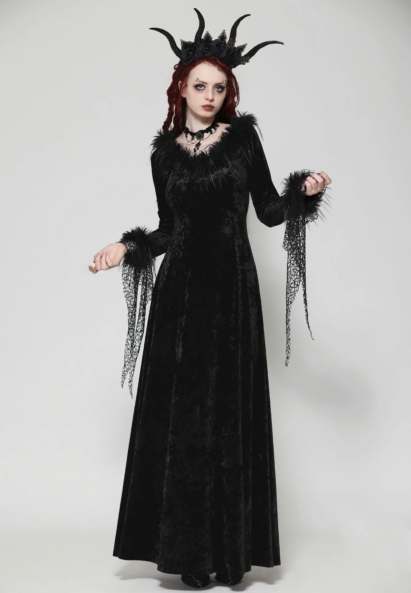 Dark In Love - Gothic Dark Velvet V-Neck Long Slim - Dress | Women-Image