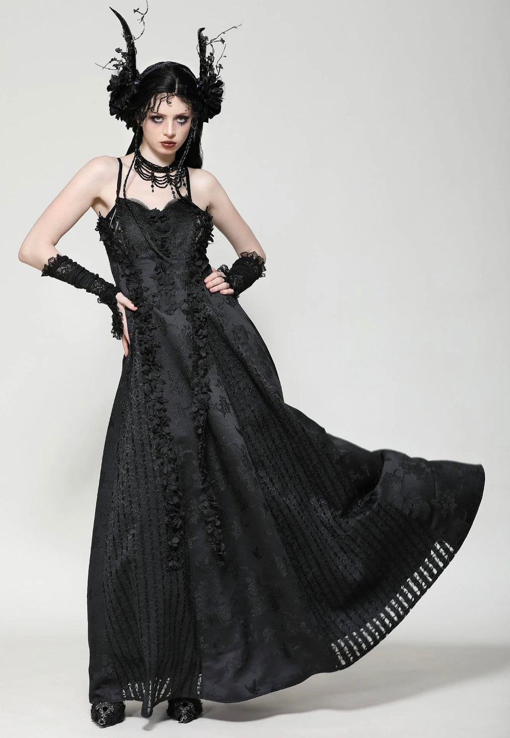 Dark In Love - Gothic Black Butterfly Strapless Lace Gown - Dress