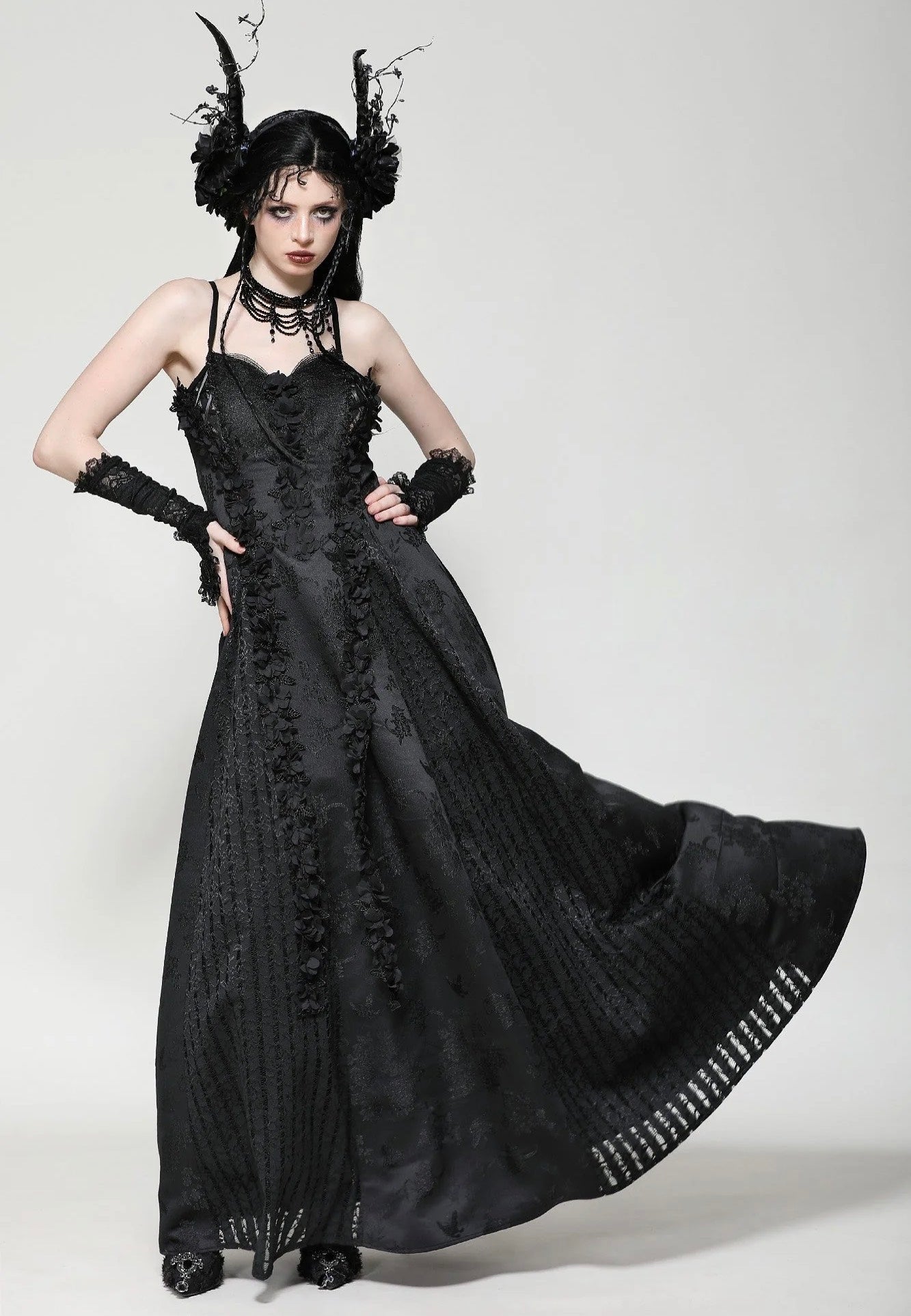 Dark In Love - Gothic Black Butterfly Strapless Lace Gown - Dress | Women-Image