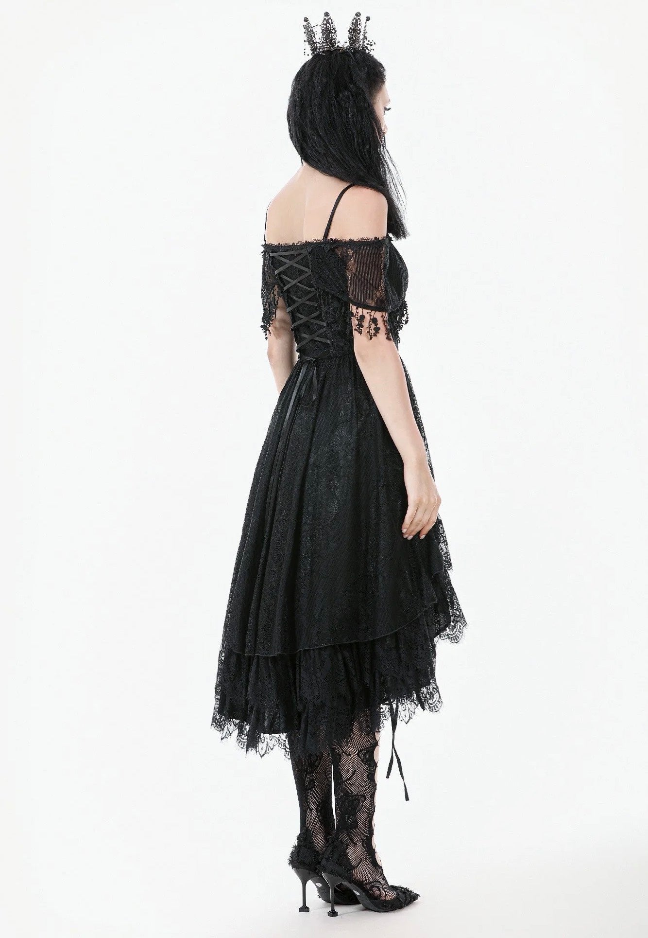 Dark In Love - Gothic Black Lace Off-Shoulder High-Low - Dress | Women-Image