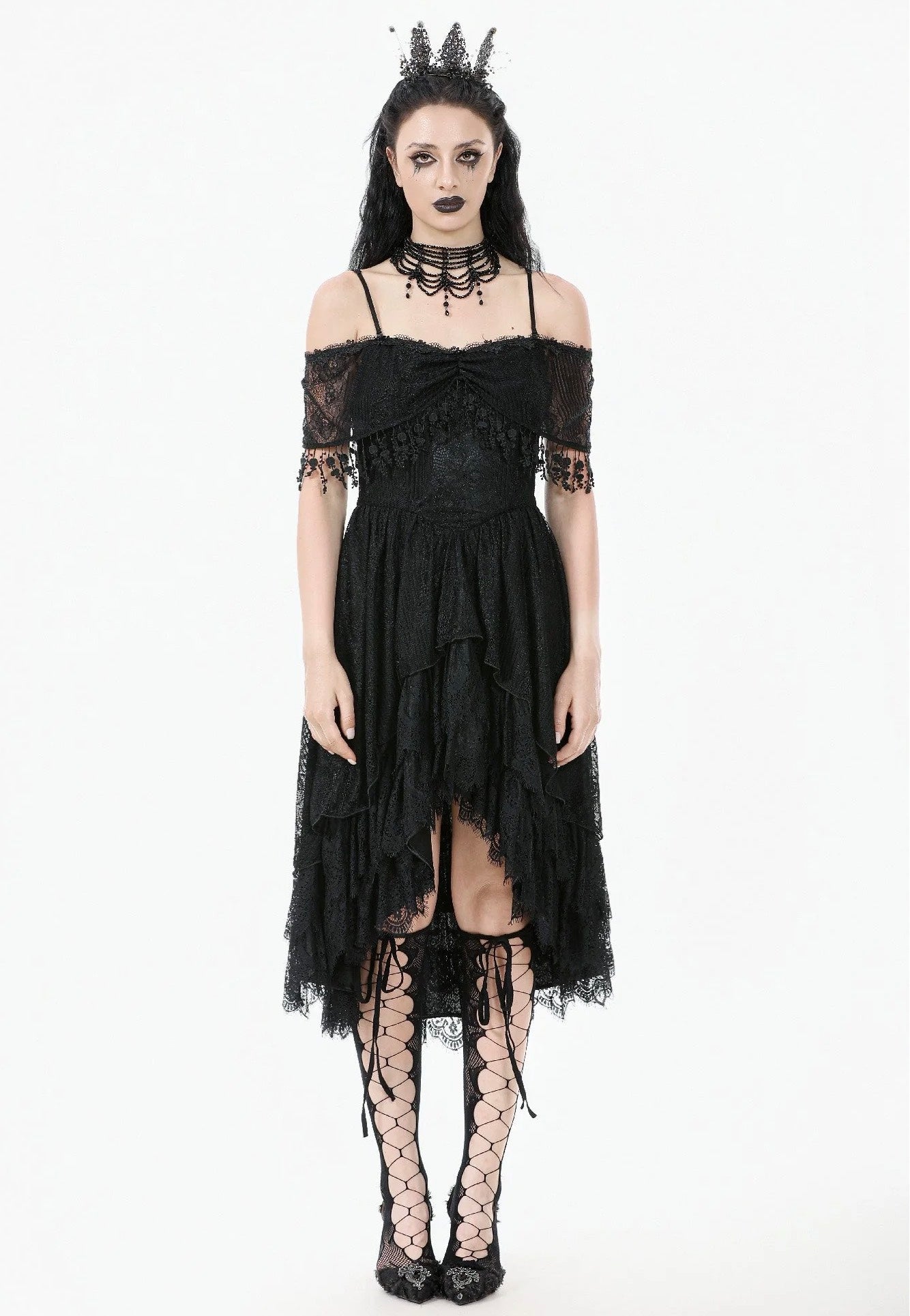 Dark In Love - Gothic Black Lace Off-Shoulder High-Low - Dress | Nuclear Blast Dark In Love - Gothic Black Lace Off-Shoulder High-Low - Dress | Nuclear Blast