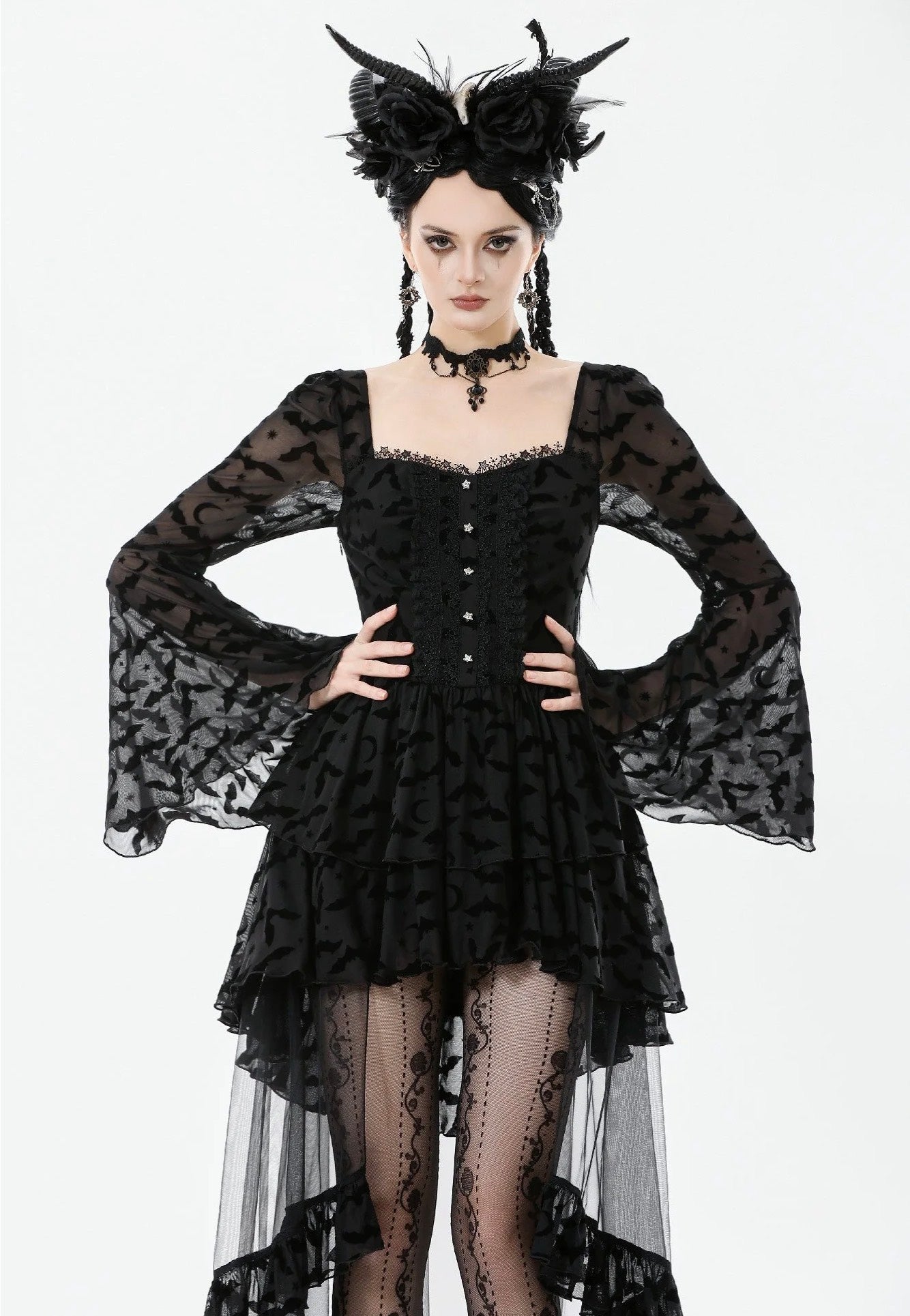 Dark In Love - Star & Moon Gothic Lolita Bat Hem Long - Dress | Women-Image