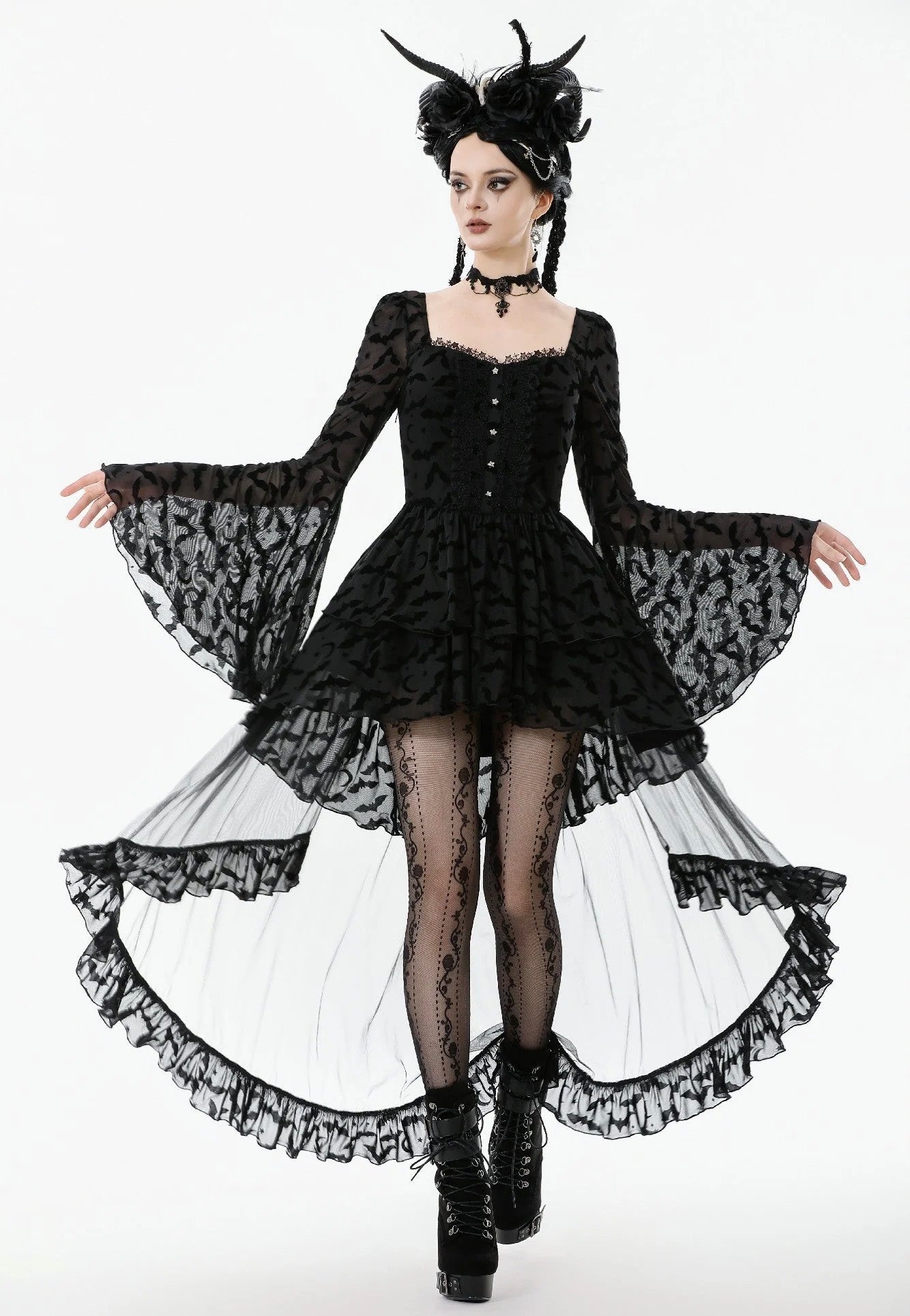Dark In Love - Star & Moon Gothic Lolita Bat Hem Long - Dress | Women-Image