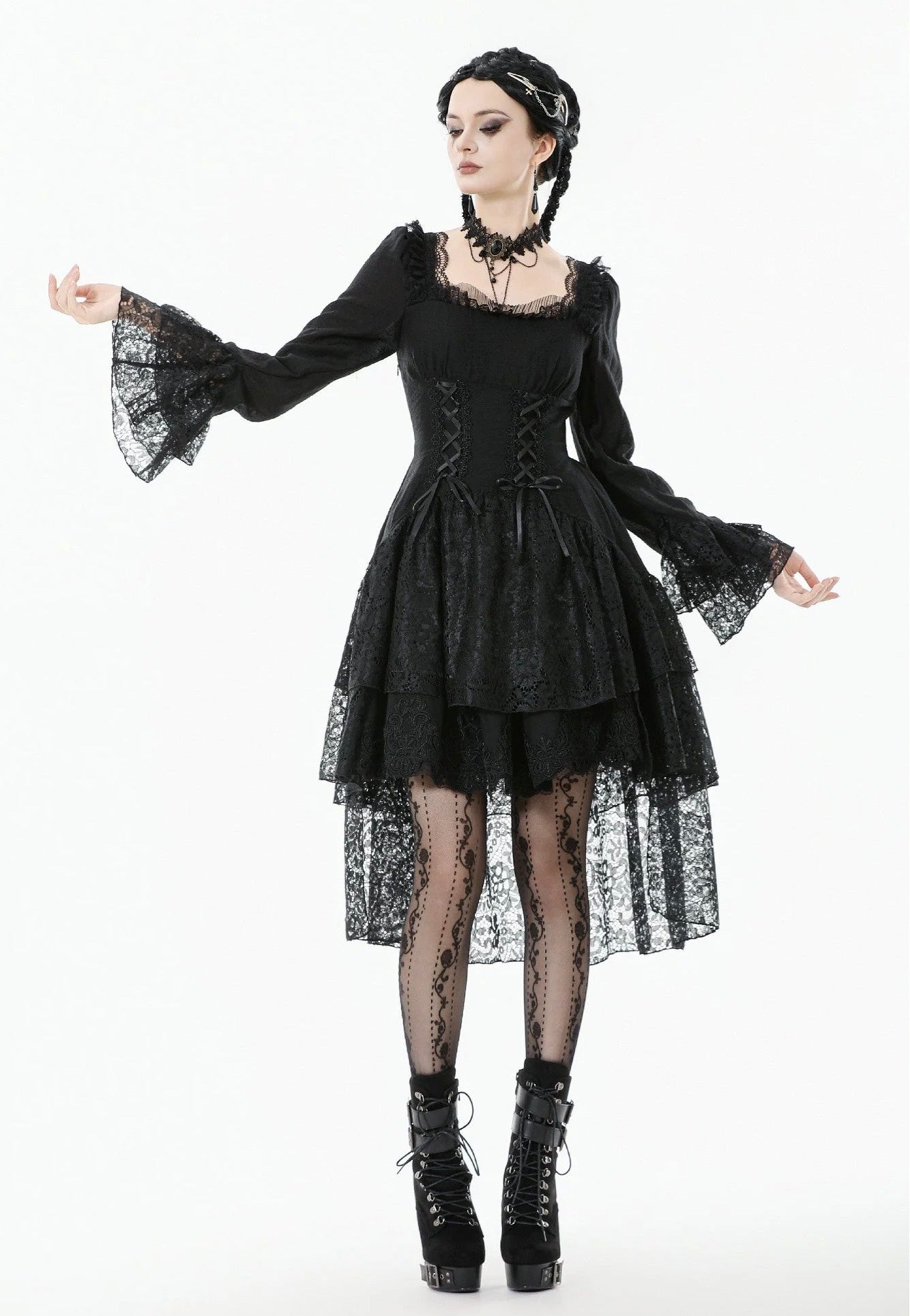 Dark In Love - Romantic Gothic Lace High-Low Tiered - Dress | Women-Image
