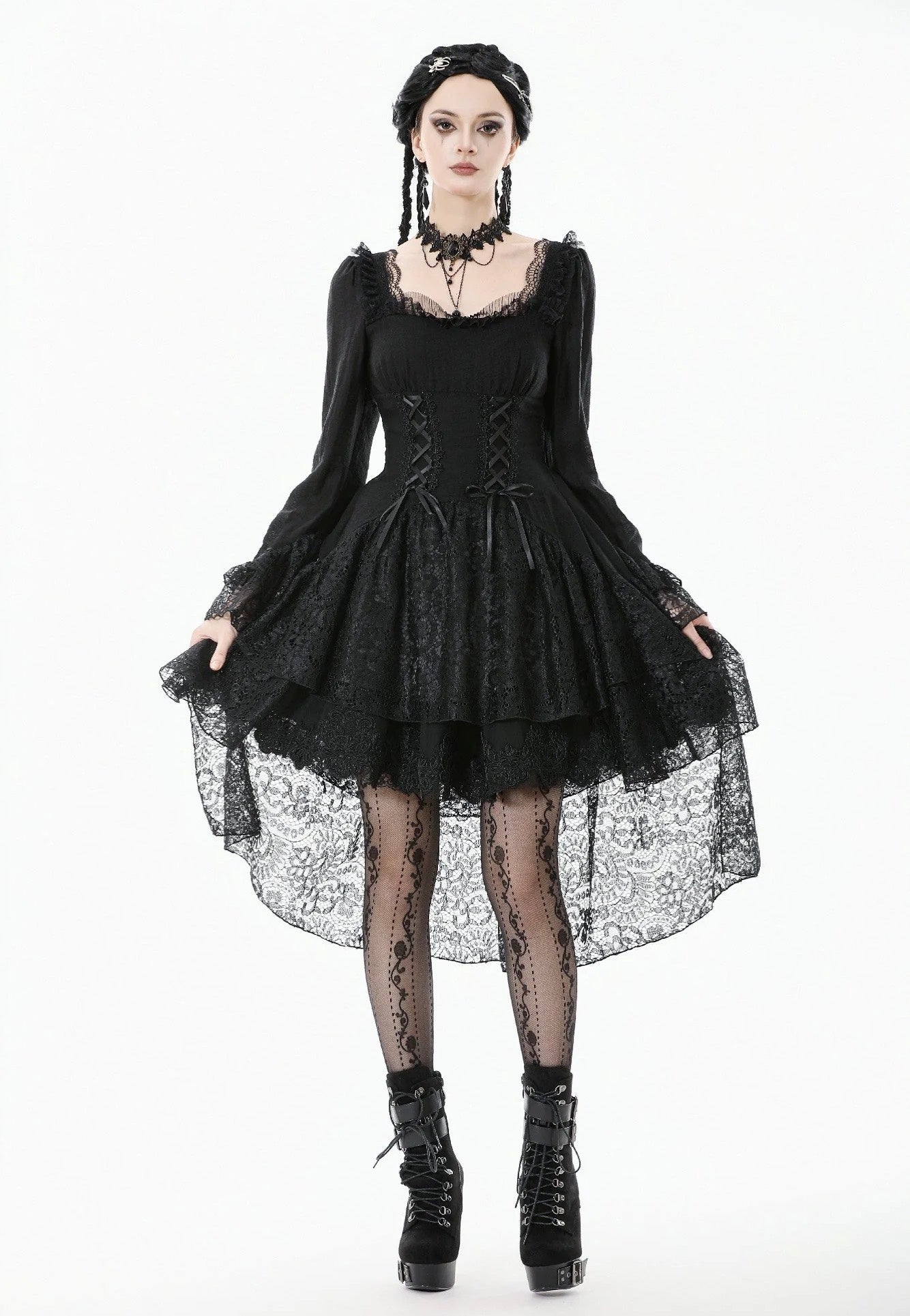 Dark In Love - Romantic Gothic Lace High-Low Tiered - Dress | Women-Image