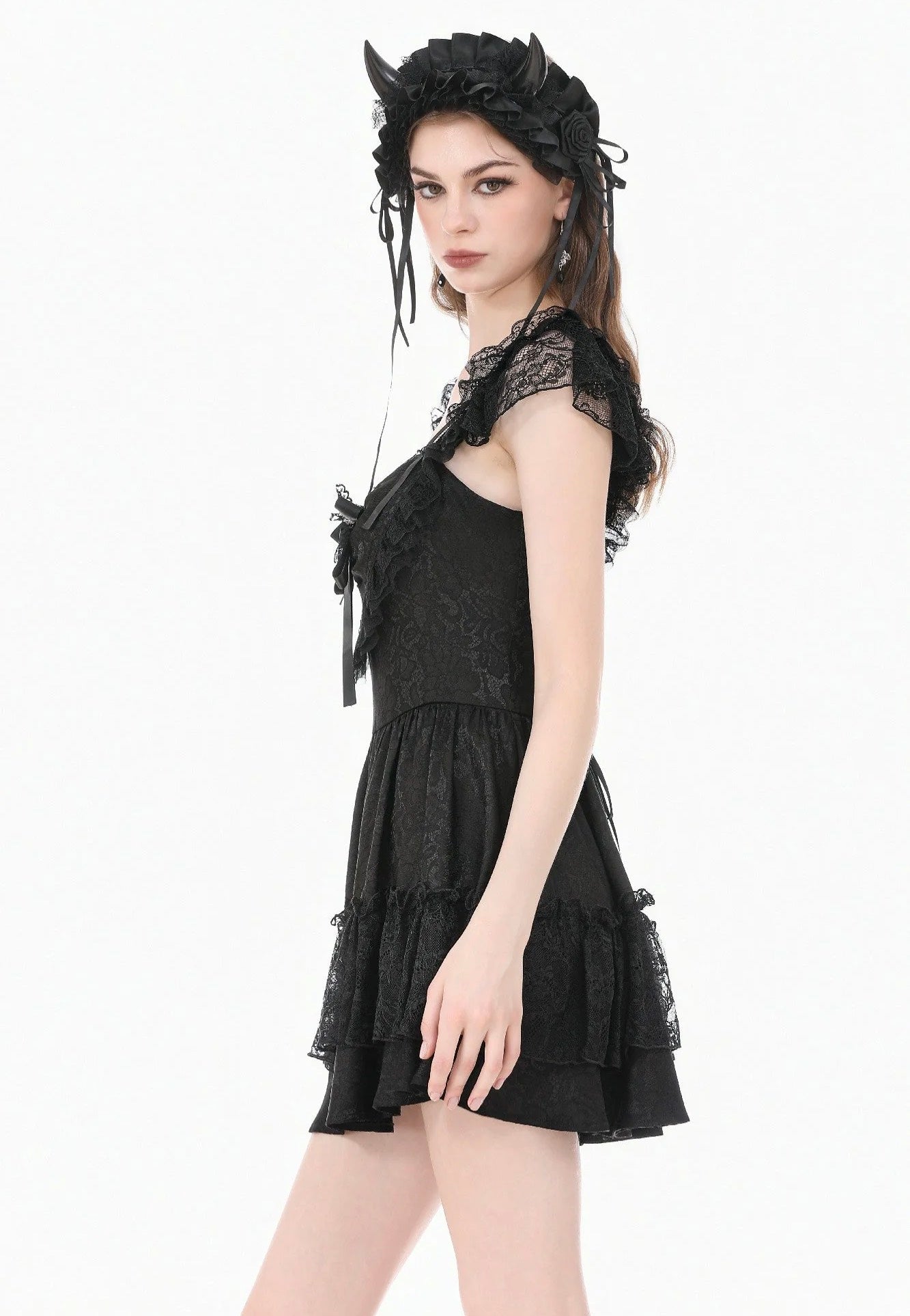 Dark In Love Gothic Lolita Jacquard Lace Flutter-Sleeve Cake Kleid