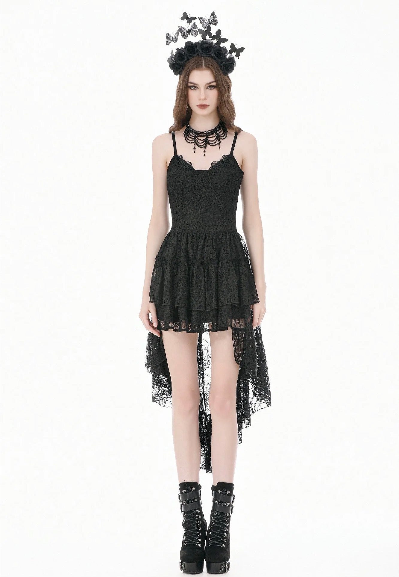 Dark In Love Retro Gothic Lace Camisole High-Low Ruffle Tail Vestido