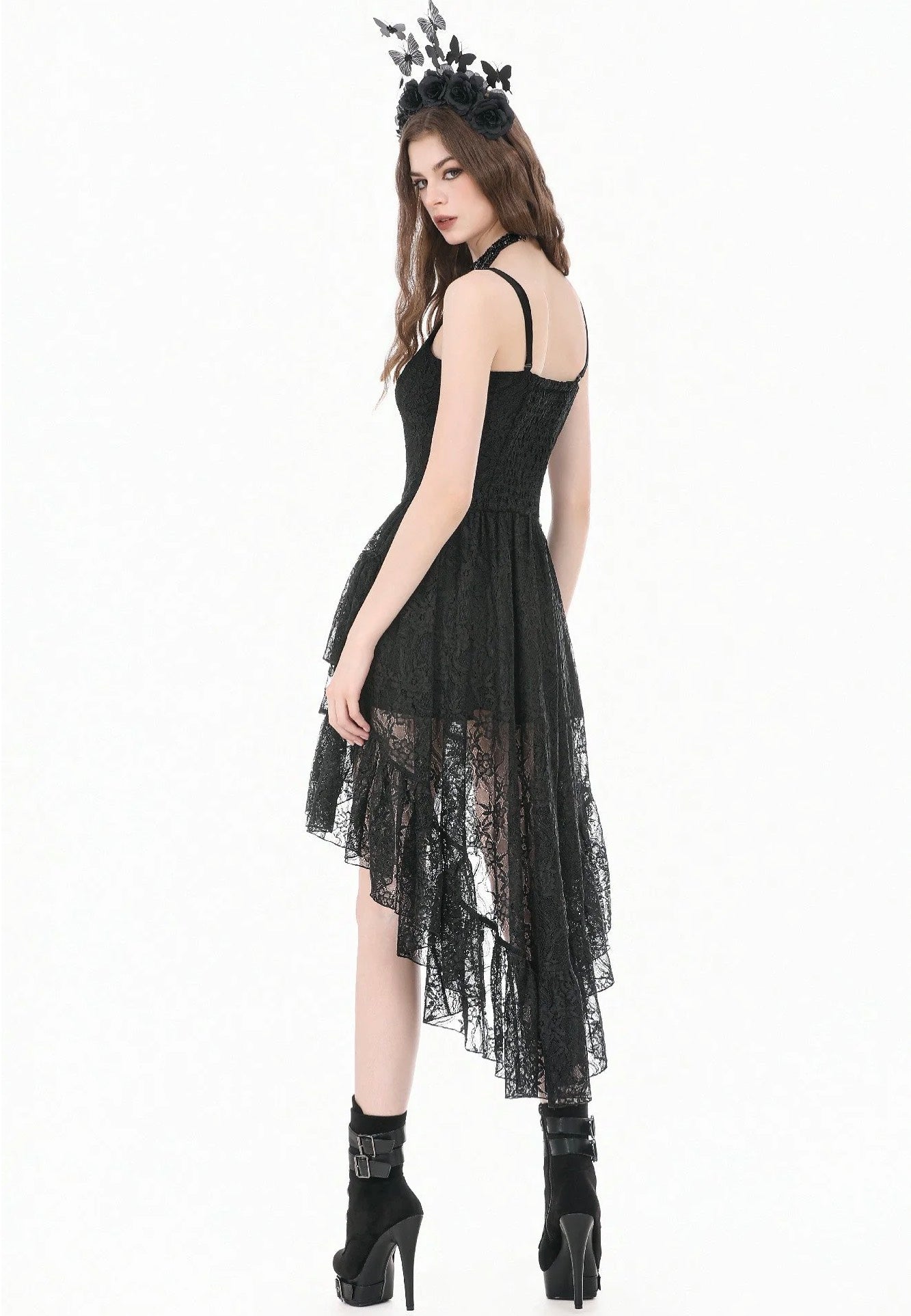 Dark In Love Retro Gothic Lace Camisole High-Low Ruffle Tail Vestido
