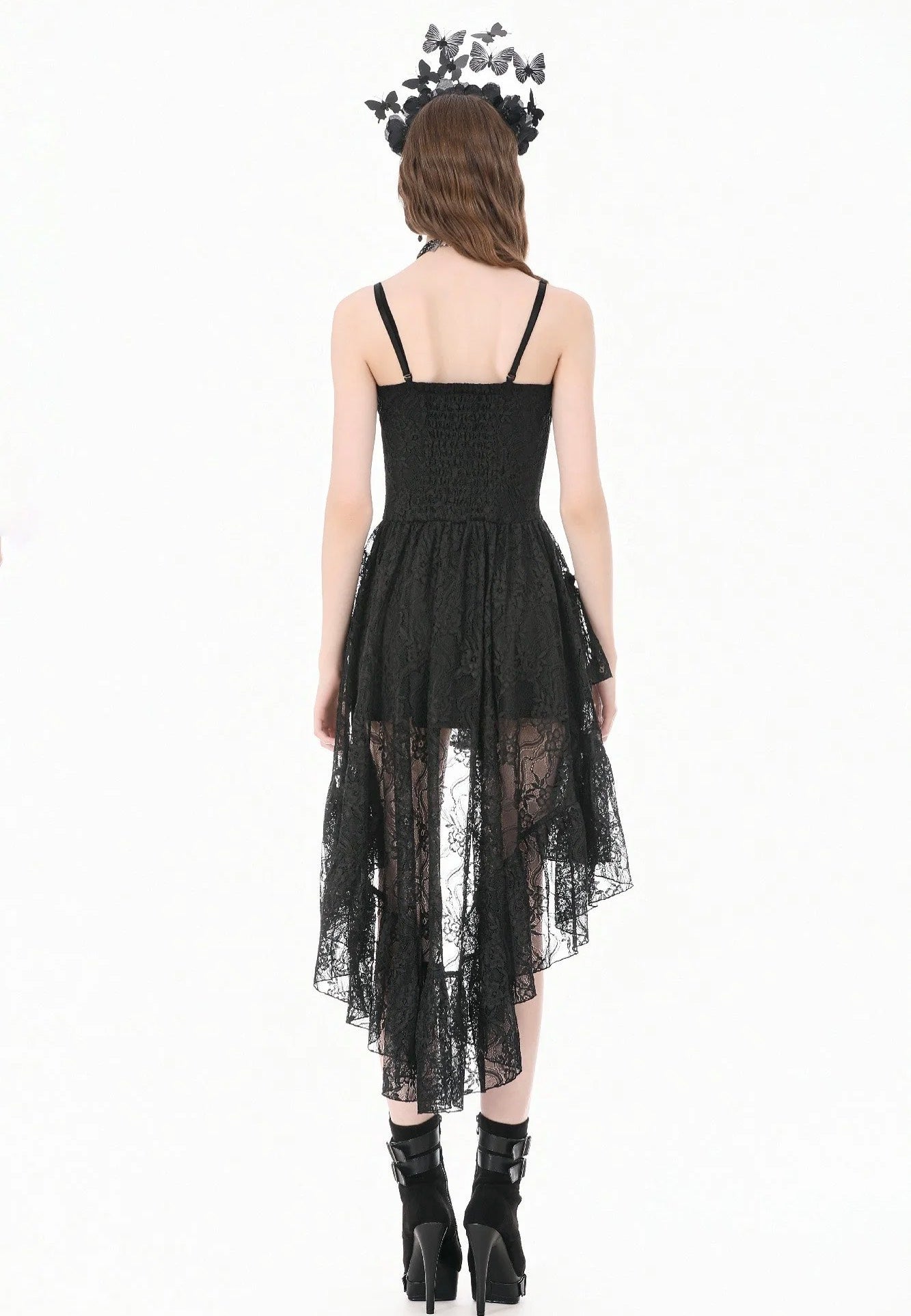Dark In Love Retro Gothic Lace Camisole High-Low Ruffle Tail Vestido