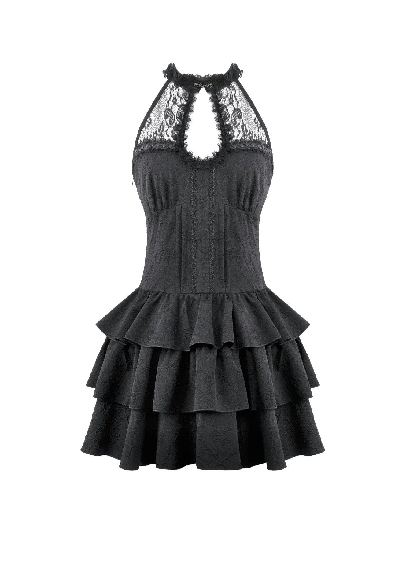 Dark In Love Gothic Halter Lace Patchwork Rose Jacquard Tiered Ruffle Dress