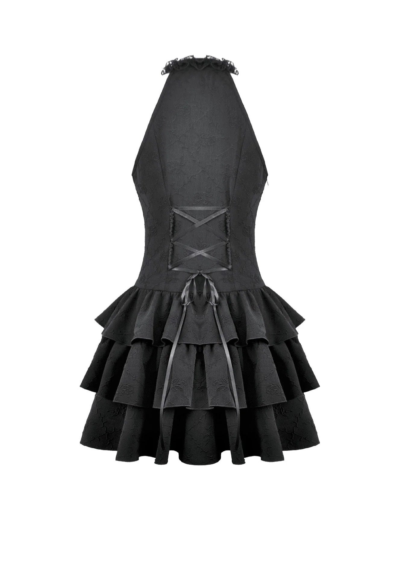 Dark In Love Gothic Halter Lace Patchwork Rose Jacquard Tiered Ruffle Dress