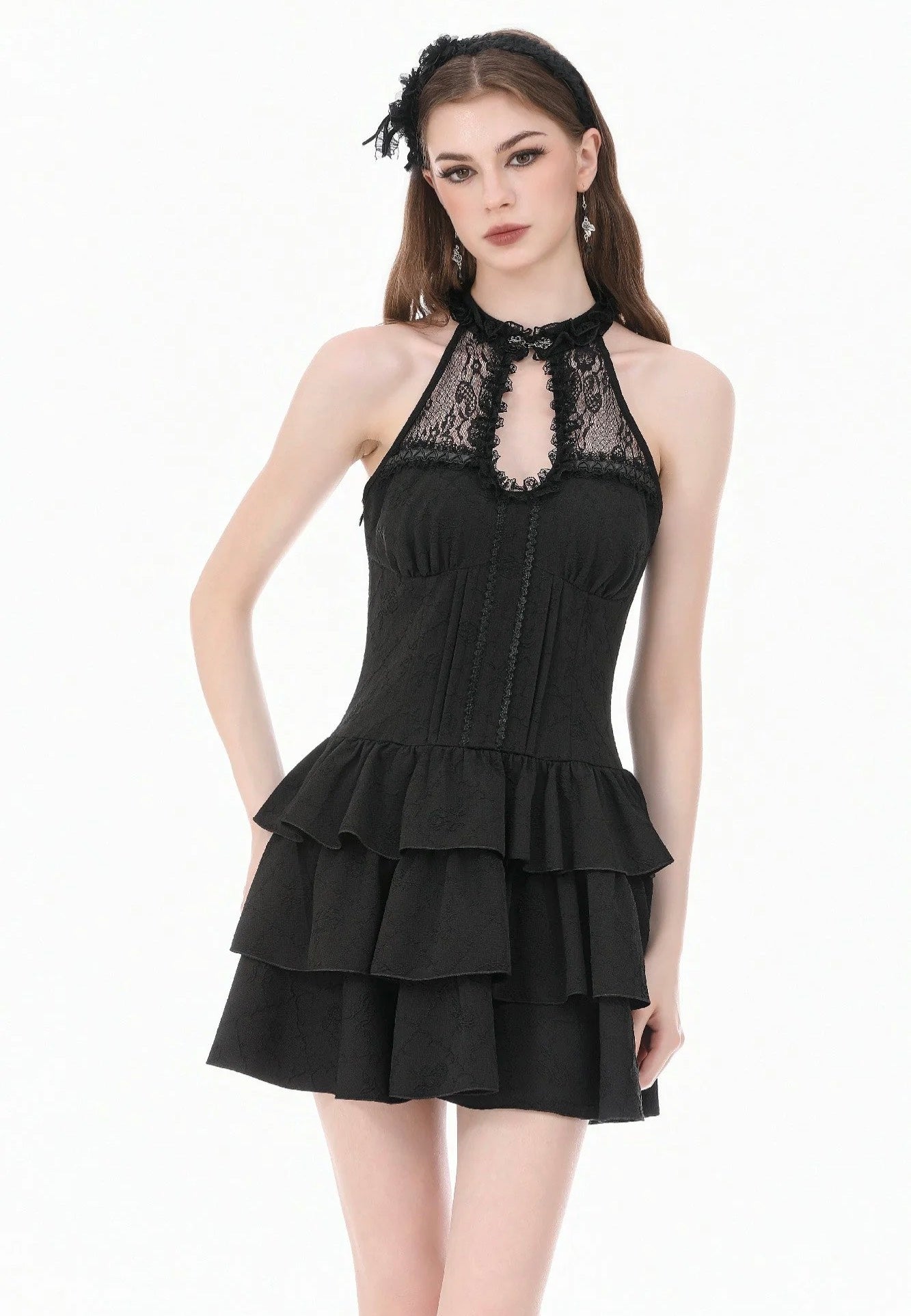 Dark In Love Gothic Halter Lace Patchwork Rose Jacquard Tiered Ruffle Dress