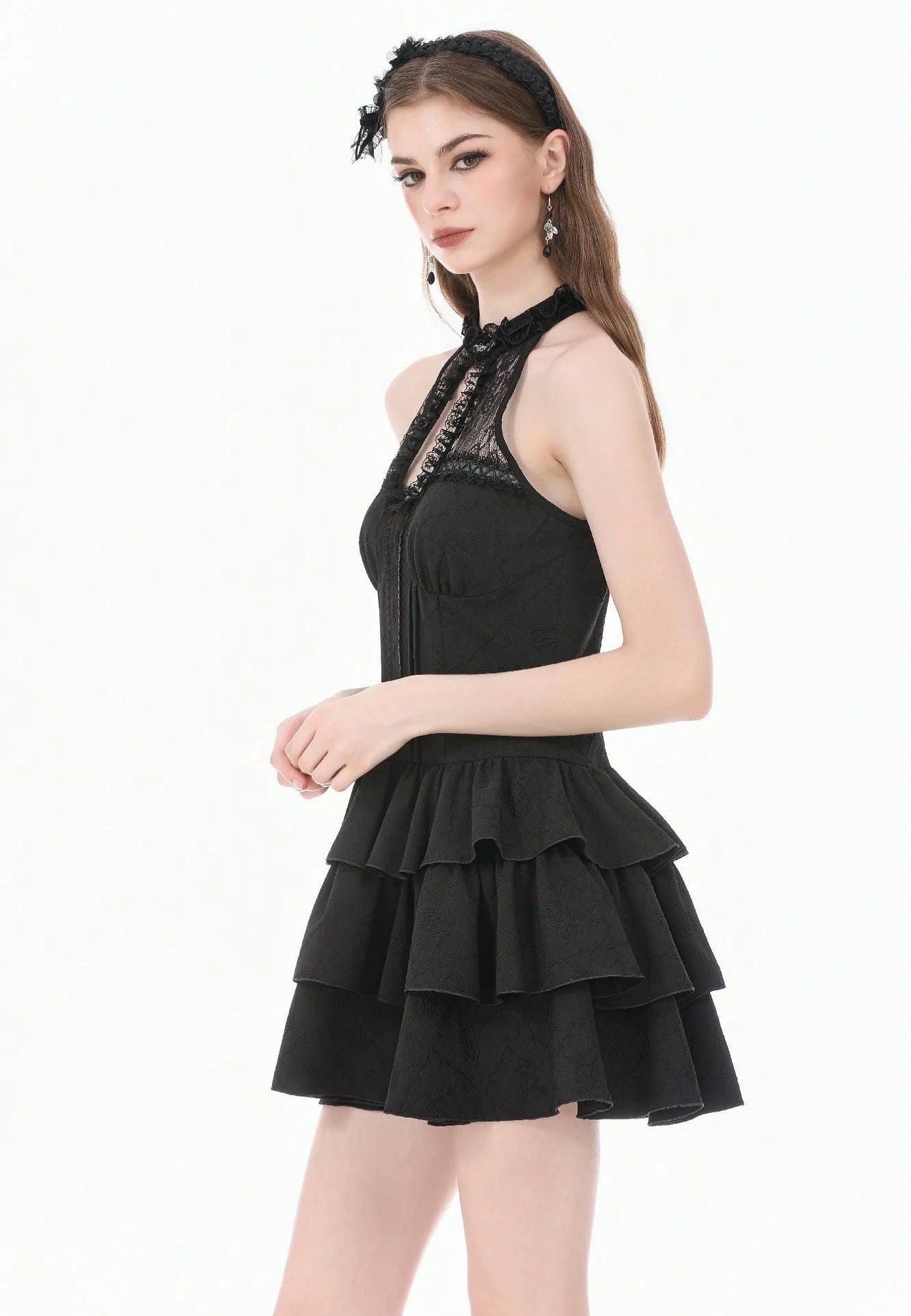Dark In Love Gothic Halter Lace Patchwork Rose Jacquard Tiered Ruffle Dress