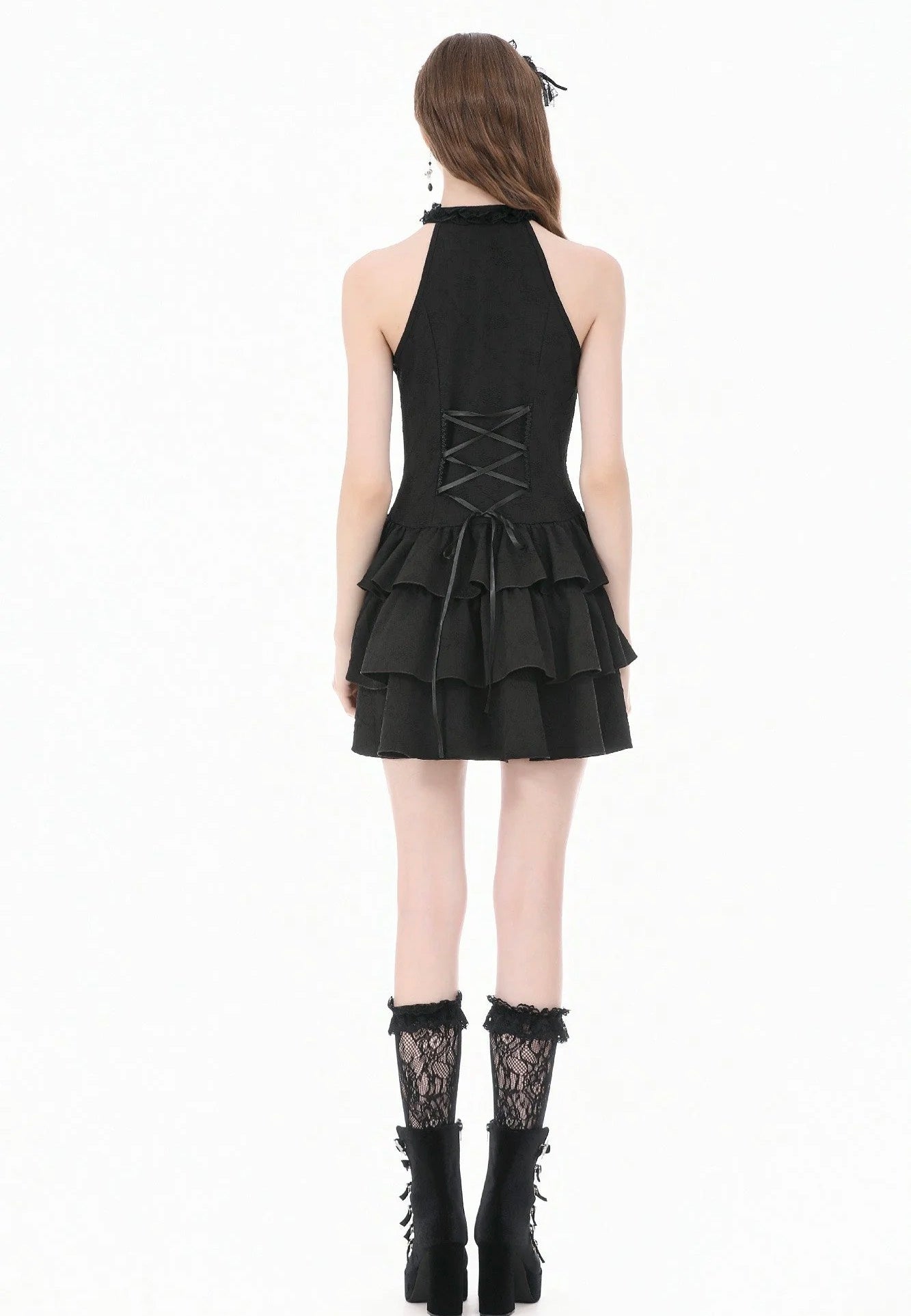 Dark In Love Gothic Halter Lace Patchwork Rose Jacquard Tiered Ruffle Dress