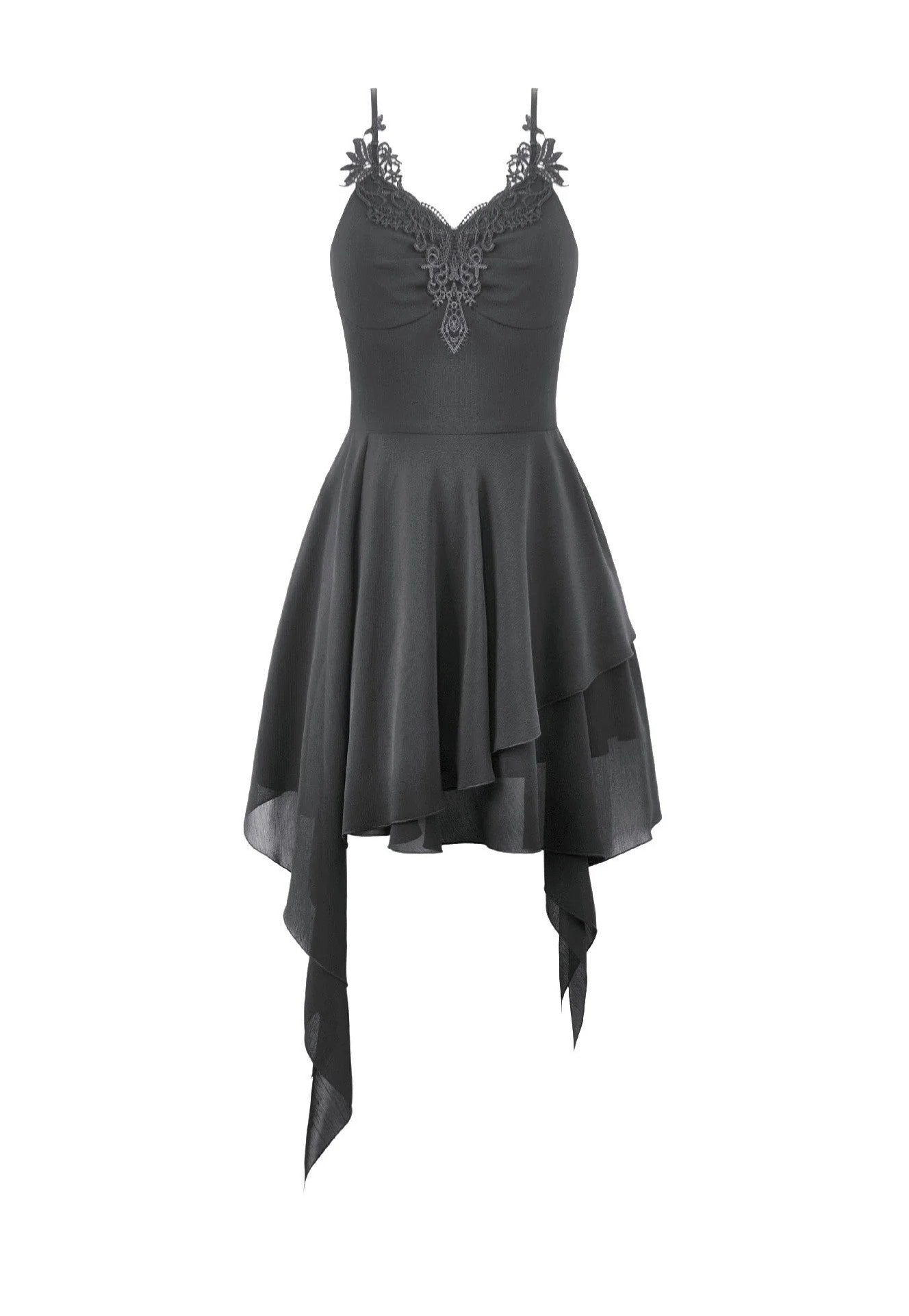 Dark In Love Goth V-Neck Lace Embroidery Asymmetric Flowy Chiffon Kleid